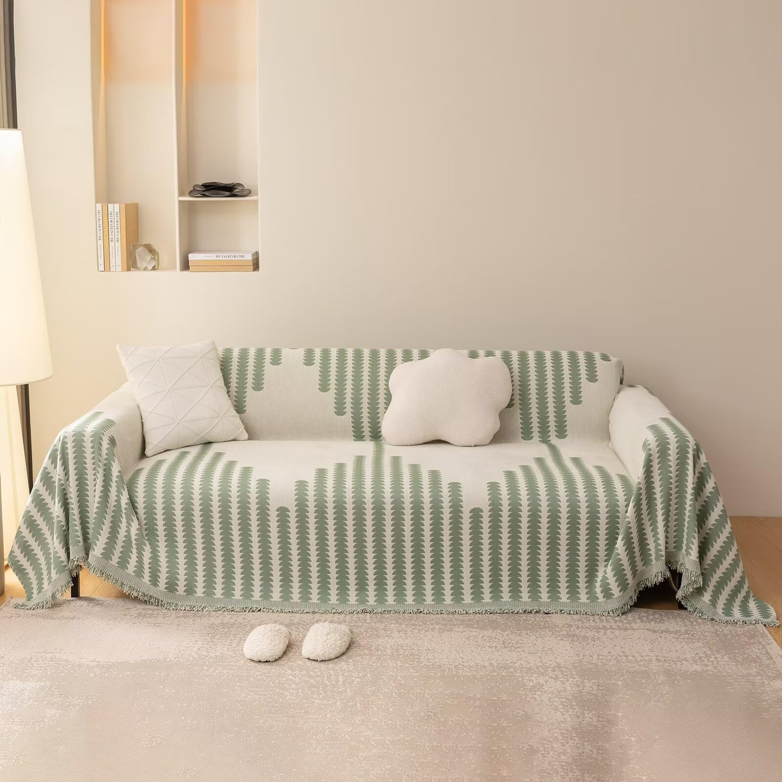 Vclife Boho Sofa Cover Thick Chenille Sofa Slipcover Sectional Couch Cover For 2-3 Cushion Couch Sofa Modern Beige Green Herring