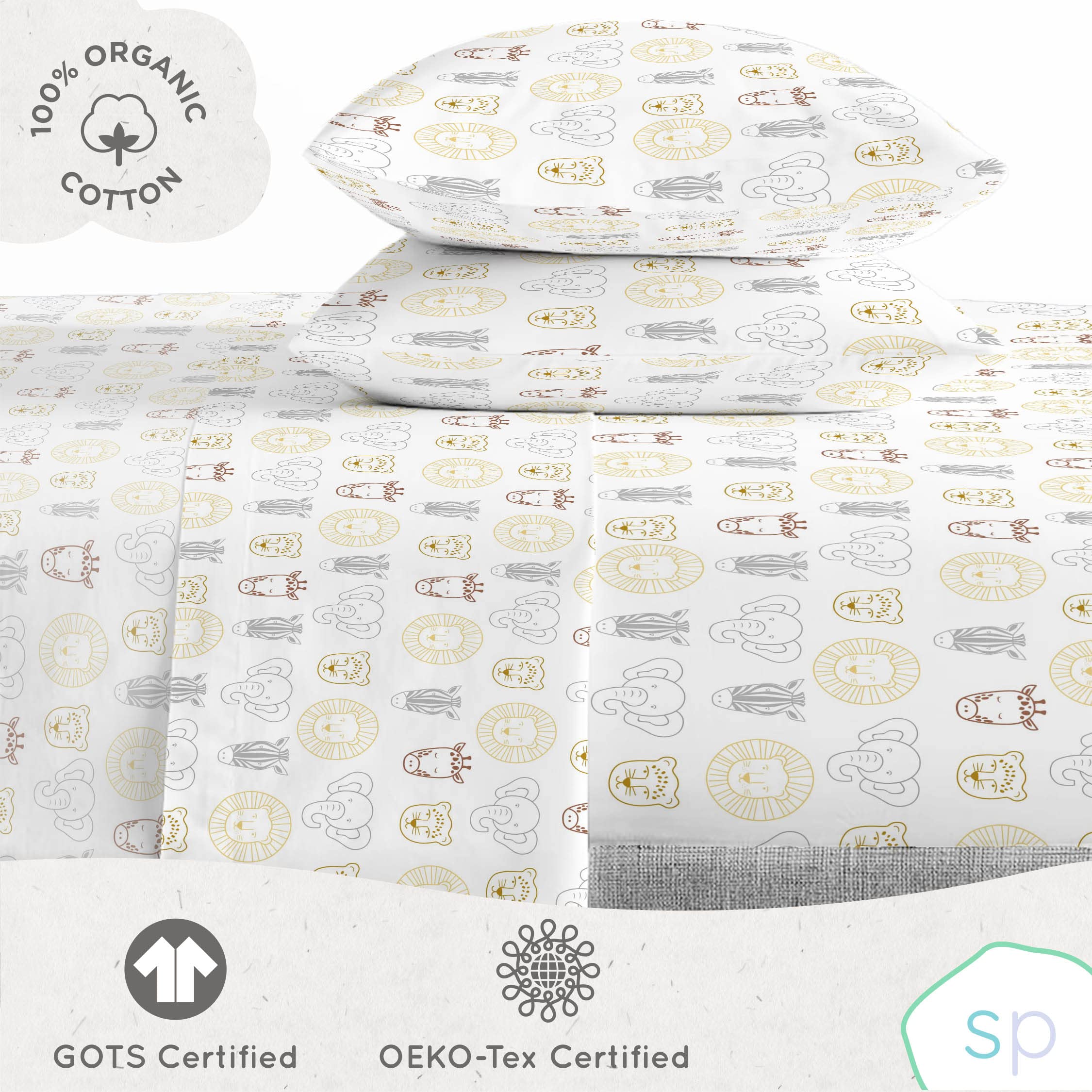 Saturday Park Safari Friends Queen Bed Set - 7 Piece 100% Organic Cotton Animals Bedding - Gots & Oeko-Tex Certified