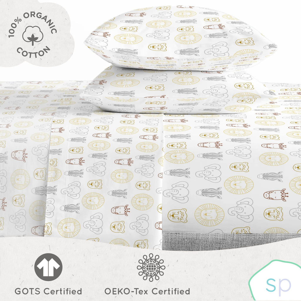 Saturday Park Safari Friends Queen Bed Set - 7 Piece 100% Organic Cotton Animals Bedding - Gots & Oeko-Tex Certified