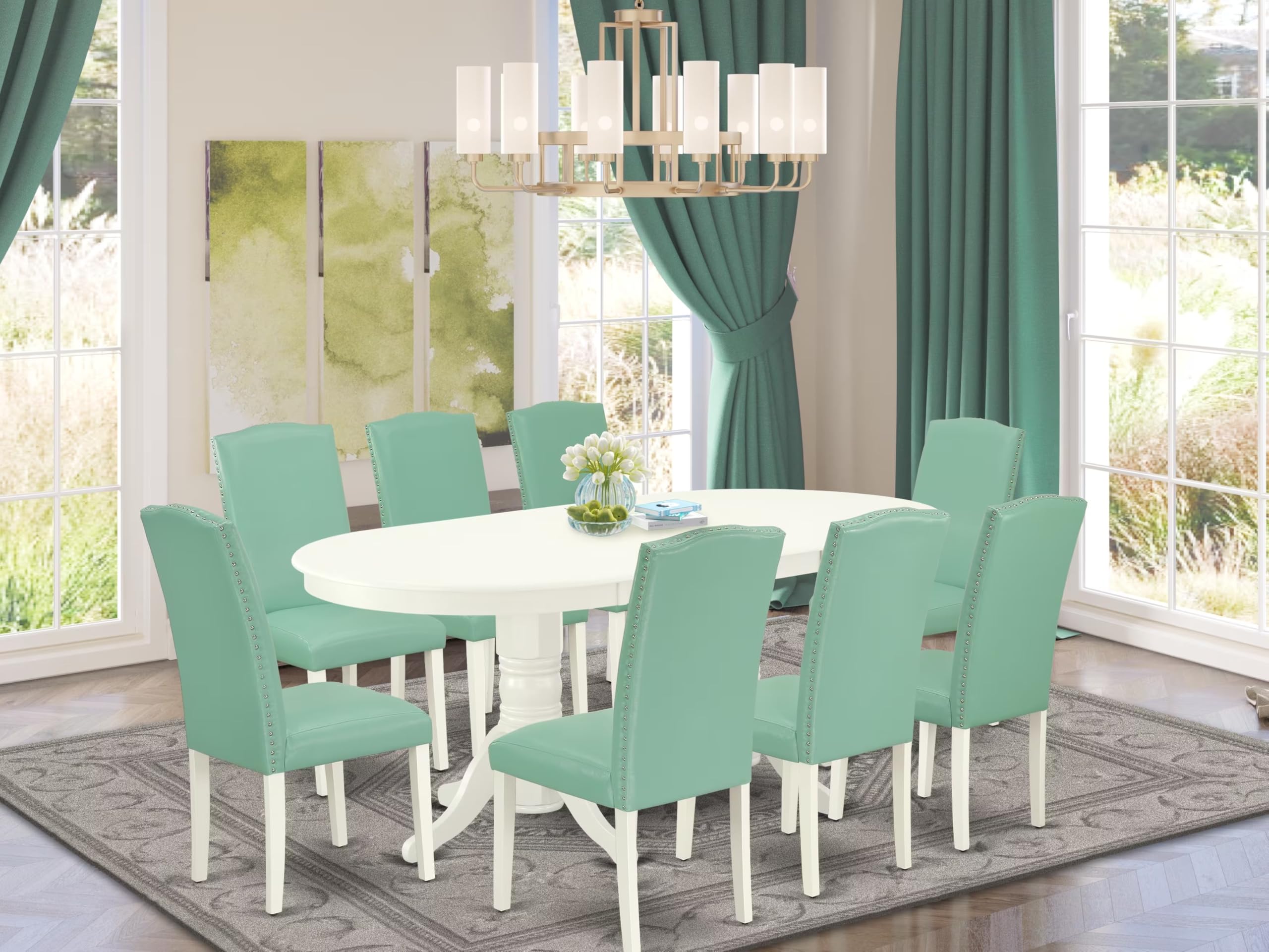 East West Furniture Vaen9-Lwh-57 9 Piece Dining Room Table Set Includes An Oval Kitchen Table With Butterfly Leaf And 8 Pond Faux Leather Parson Dining Chairs, 40X76 Inch, Linen White
