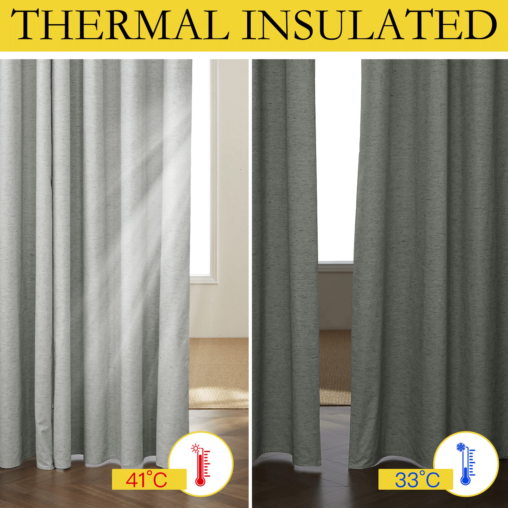 Nicetown Grey Living Room Completely Shaded Linen Draperies, 2 Pieces, W52 X L72, Privacy Protection & Noise Reducing Ring Top Drapes, White Lined Insulated Window Treatment Curtain Panels