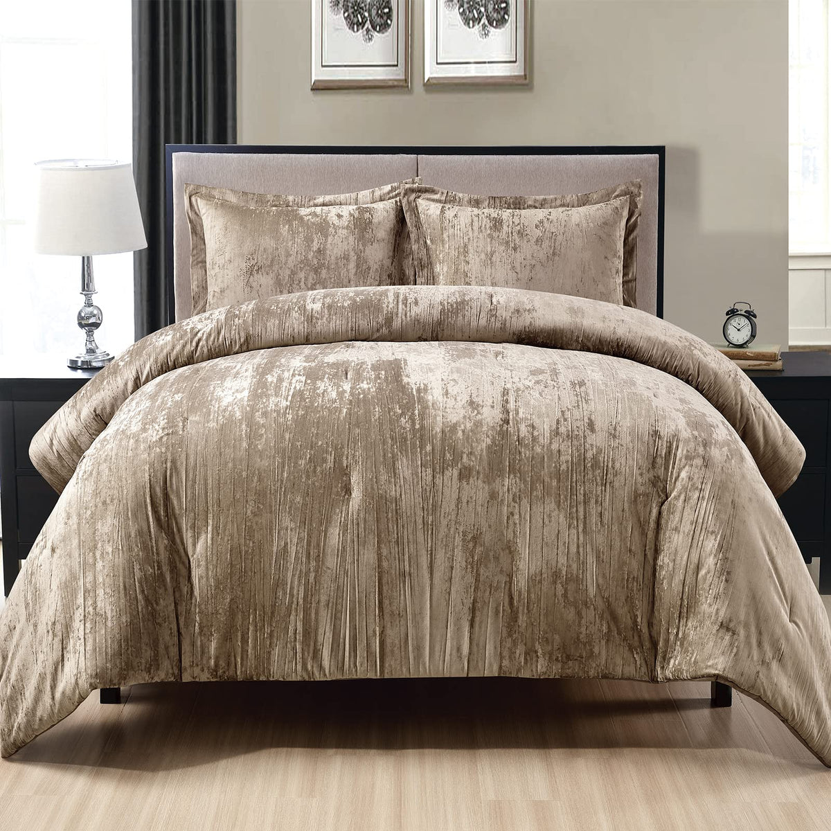 Fredsure Crinkle Velvet Comforter Set, 3 Pieces Khaki Queen, Crinkle Velvet Face And Brushed Microfiber Reverse