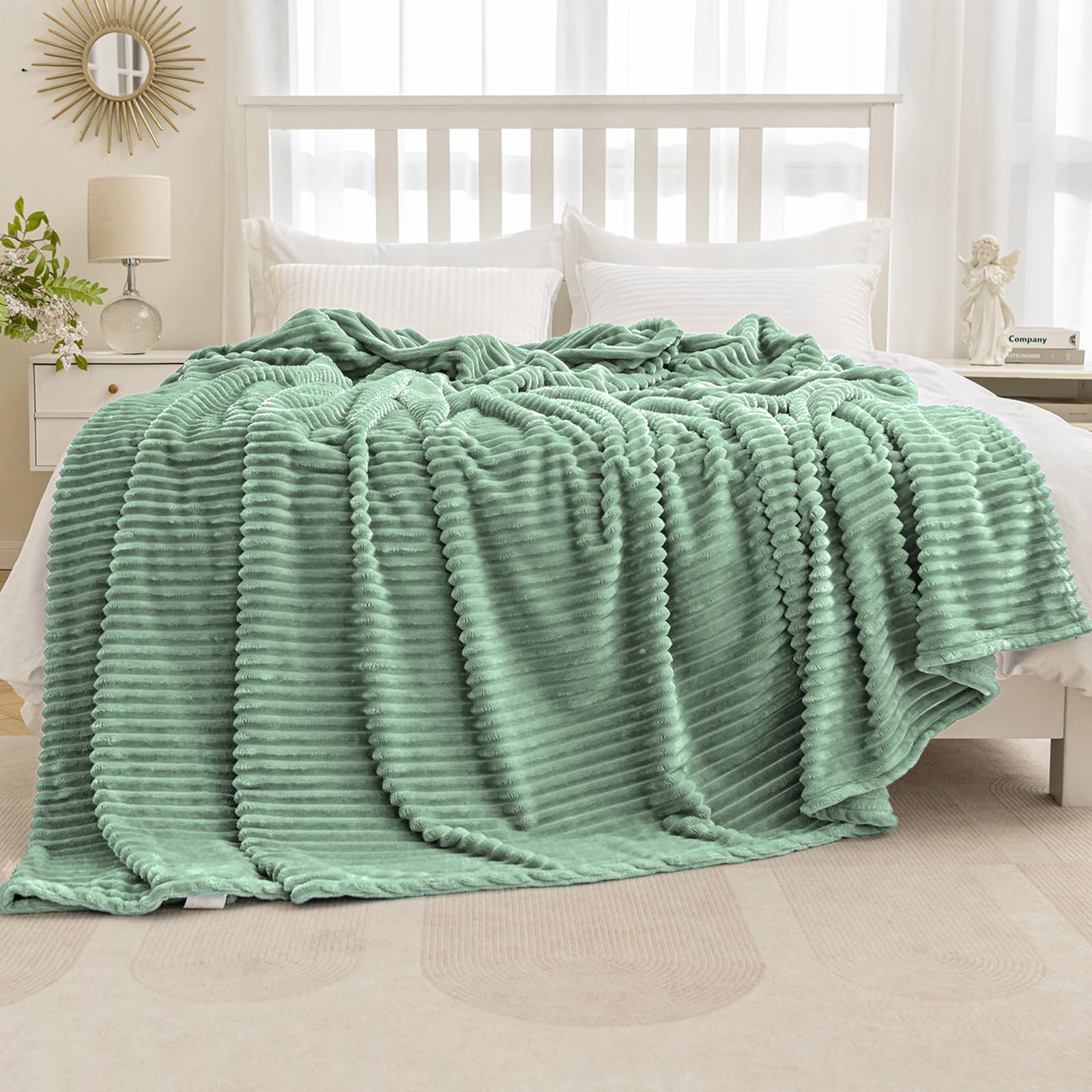 Miulee Fleece Bed Blanket Queen Size 90'X90' 300Gsm Super Soft Lightweight Plush Striped Blanket, Sage Green Warm Cozy Breatha