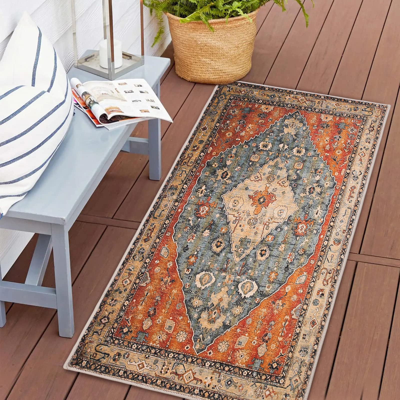 COMSLE Boho Area Rug, 2 x 4 Machine Washable Rugs for Entryway Faux Wool Small Rugs Distressed Throw Rug Non-Slip Floor Carpet