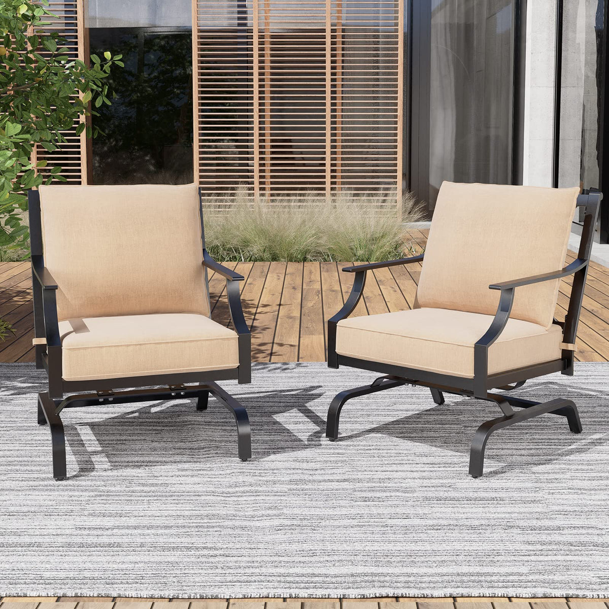 Grand Patio Outdoor Patio Seating Chair, Motion Chair, Stationary Rocker, Padded Cushion Chair, Set Of 2, Beige