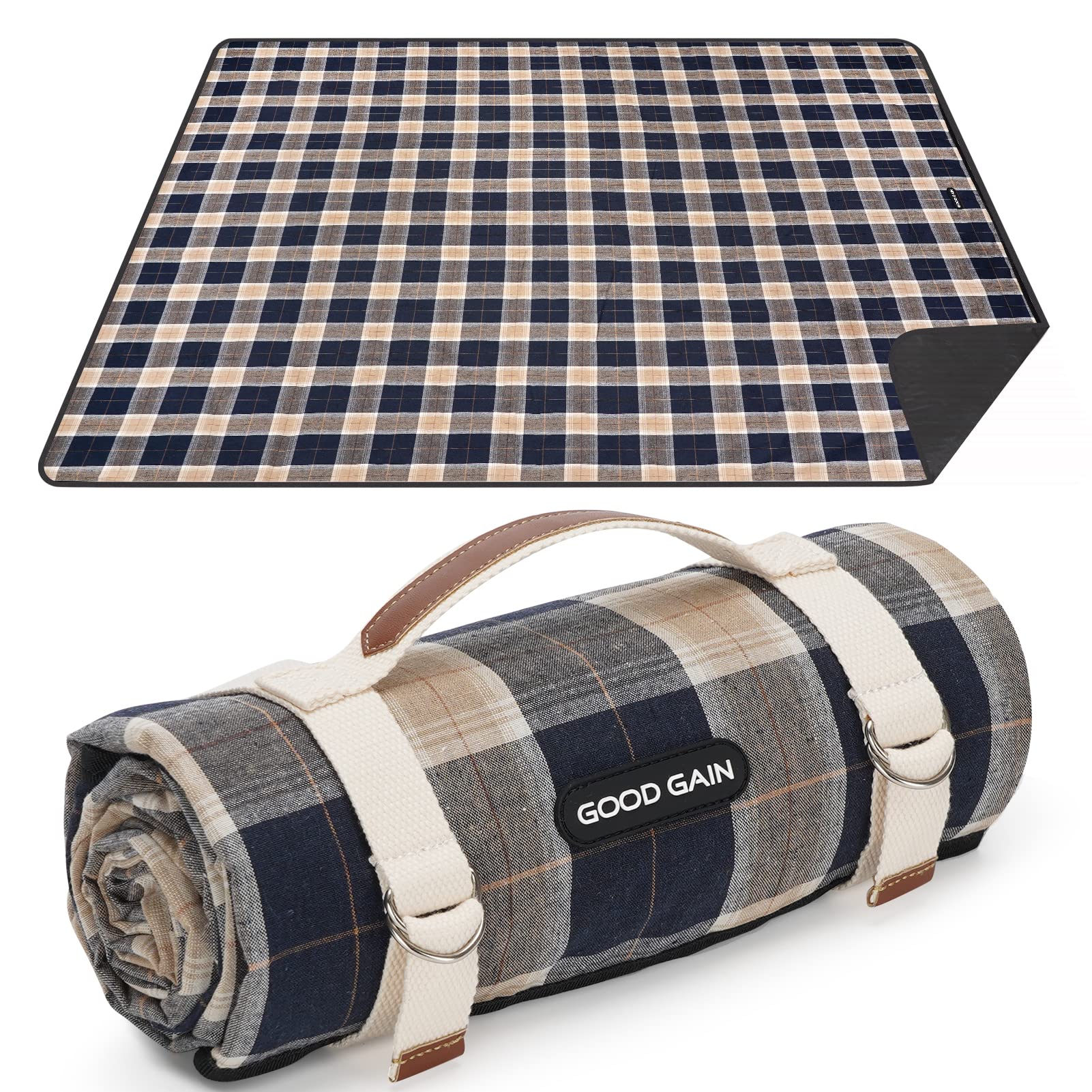 G GOOD GAIN Waterproof Picnic Blanket Portable with Carry Strap for Beach Mat or Family Outdoor Camping Party (Brown)