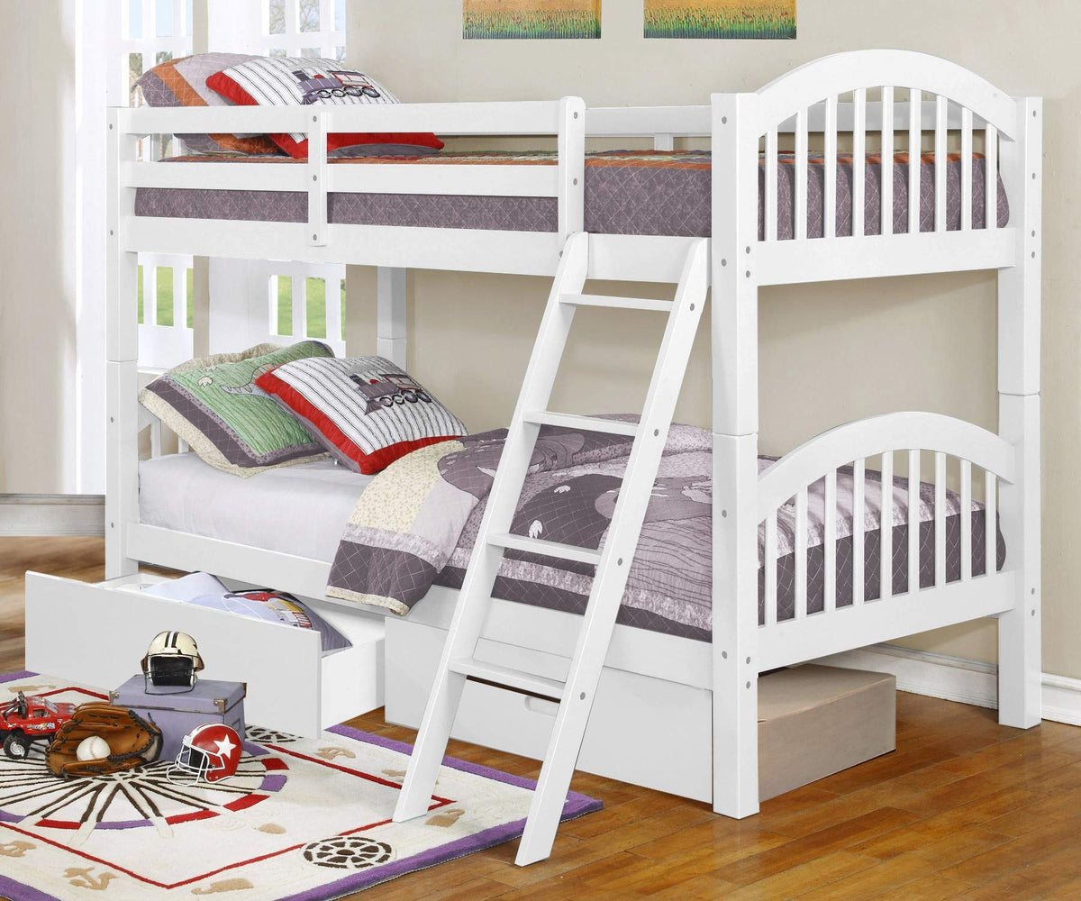 81'.25' X 42'.5' X 62'.5' White Solid and Manufactured Wood Twin/Twin Arched Wood Bunk Bed with 2 Drawers