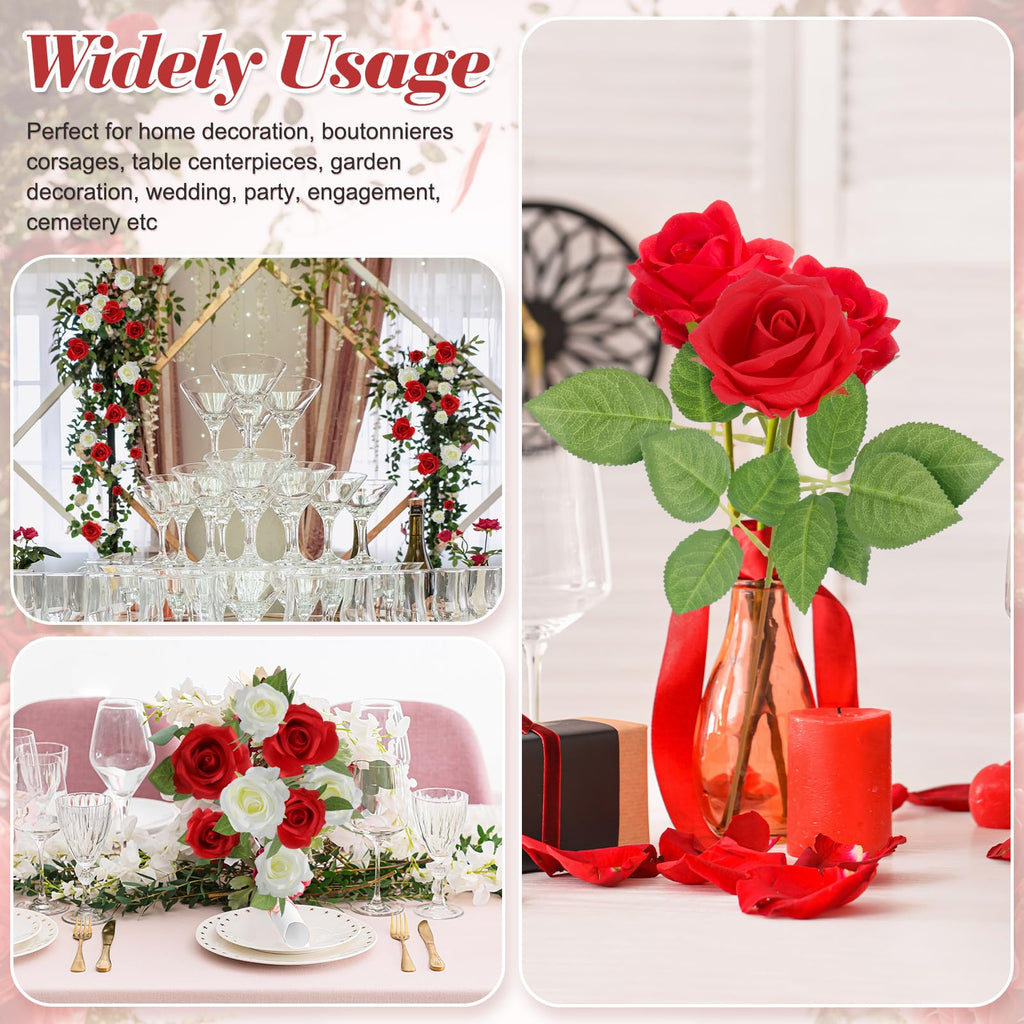 Hoemwarm 36 Pcs Red And White Rose Artificial Roses Flowers Bouquet Centerpiece,Fake Silk Rose Stem Realistic Artificial Flowers
