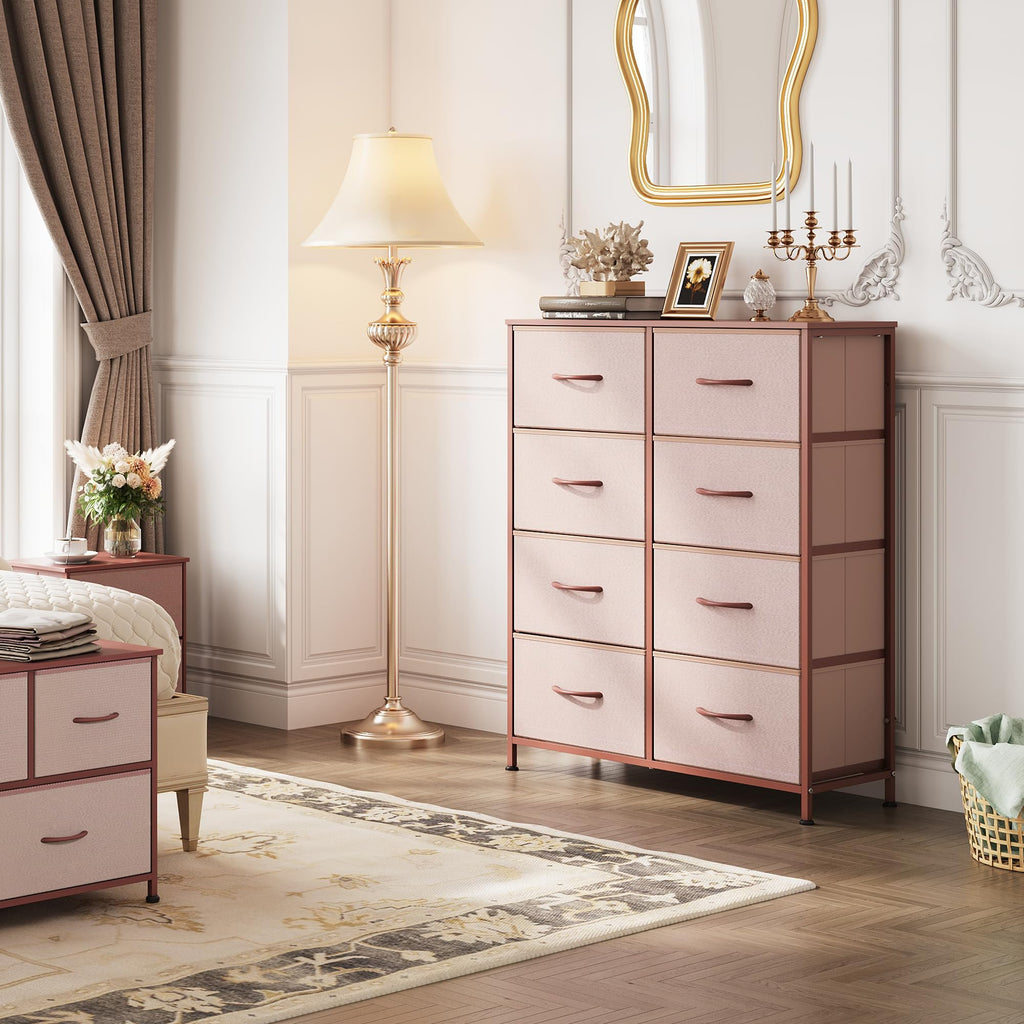 WLIVE Fabric Dresser, 8 Drawer Storage Tower, 11.7D x 31.7W x 38.6H, Wood, Pink and Rose Gold, Model ASNG100