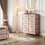 WLIVE Fabric Dresser, 8 Drawer Storage Tower, 11.7D x 31.7W x 38.6H, Wood, Pink and Rose Gold, Model ASNG100