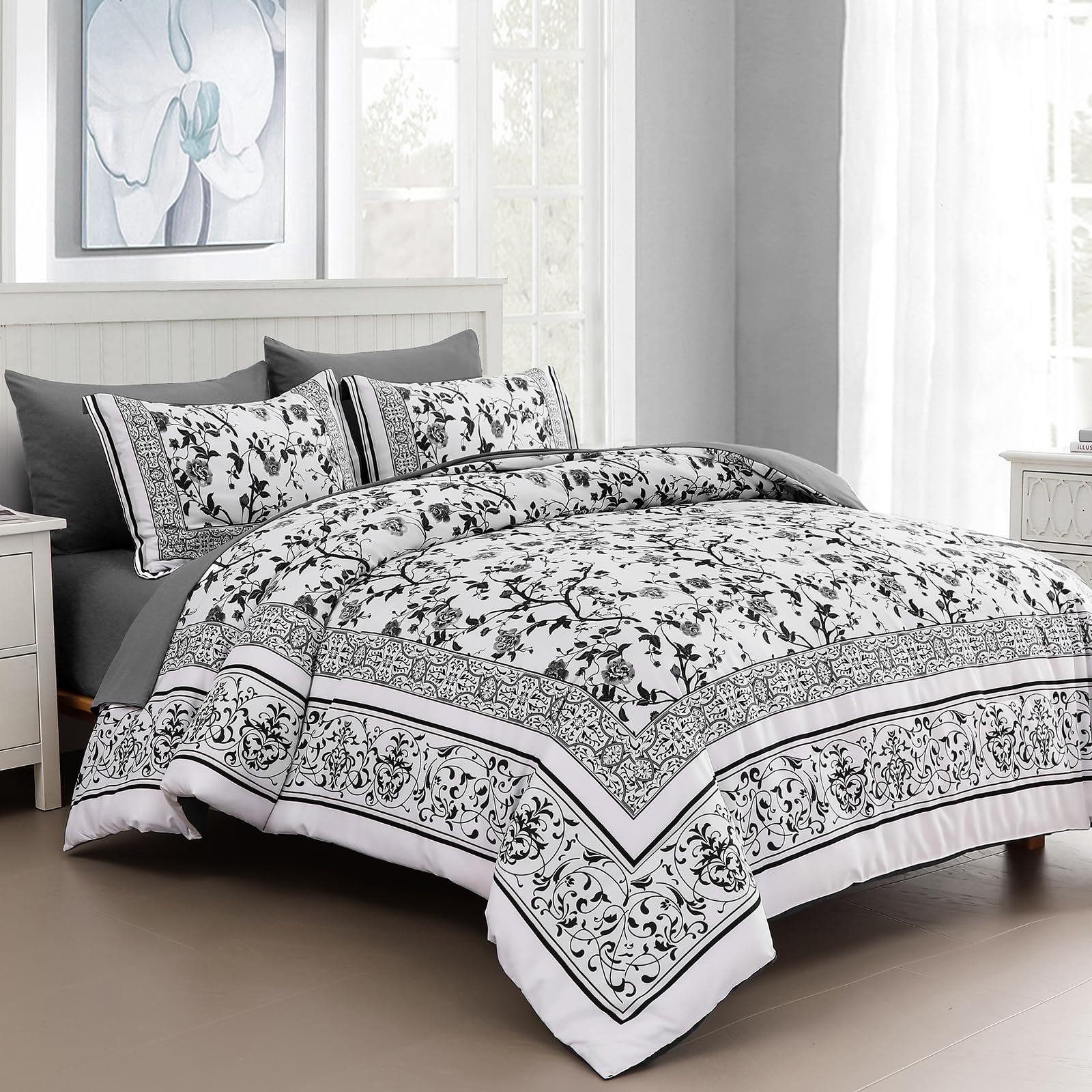 Dobuyly Floral Queen Comforter Set, 7 Piece Bed In A Bag Queen Size Grey Flowers On White Botanical Bedding Set, Soft Microfiber