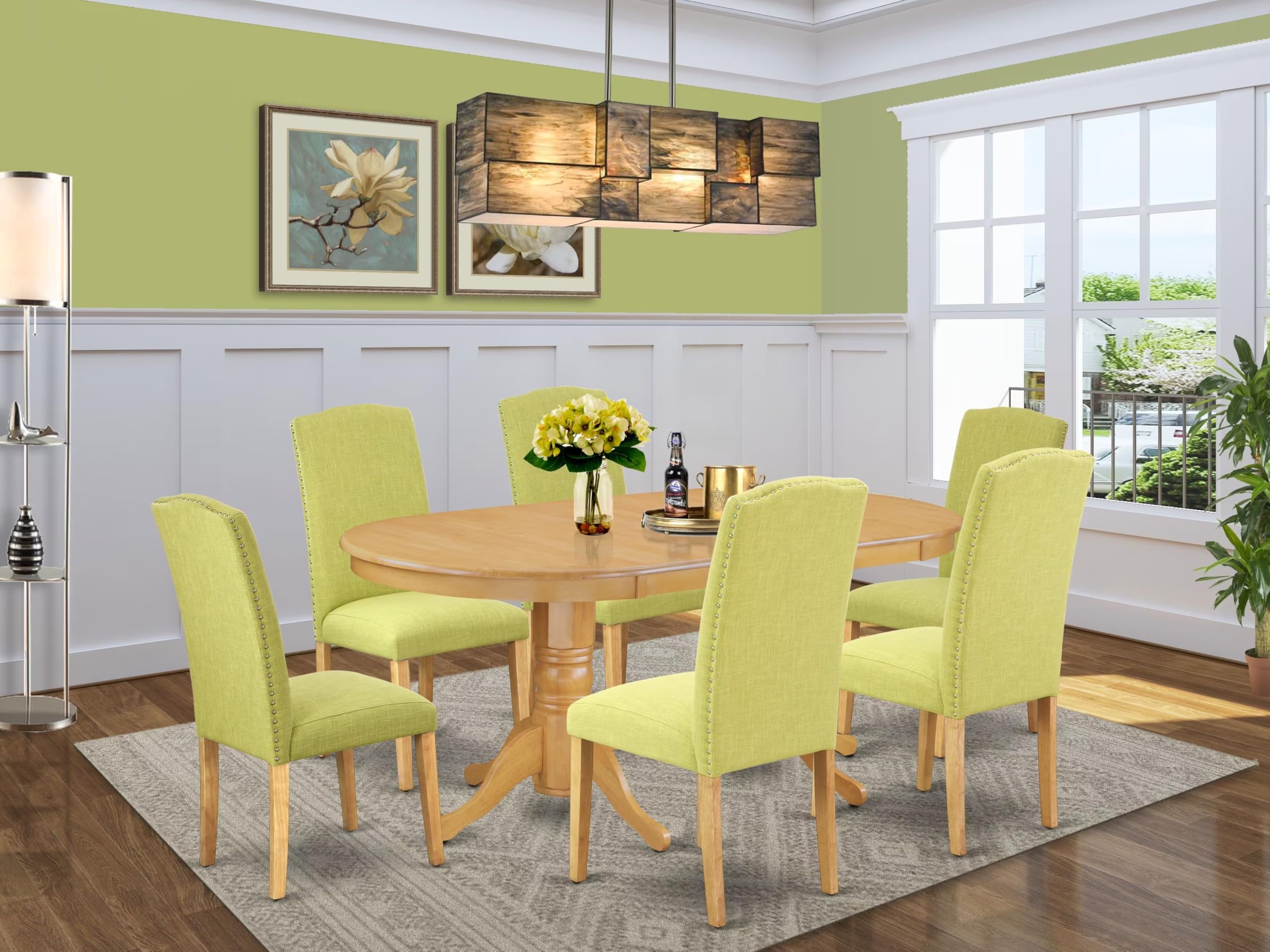 East West Furniture Vaen7-Oak-07 7 Piece Kitchen Table Set Consist Of An Oval Dining Table With Butterfly Leaf And 6 Limelight Linen Fabric Parson Dining Chairs, 40X76 Inch, Oak