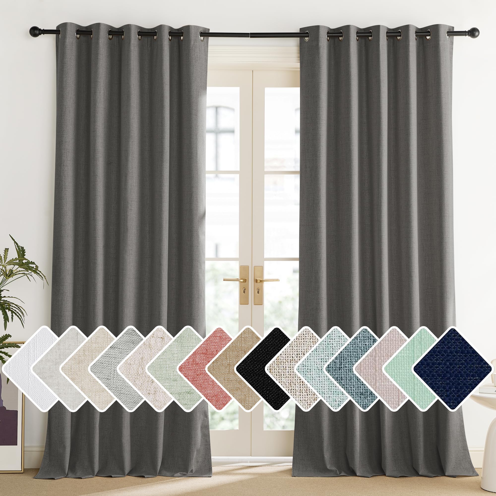 NICETOWN Grizzle Gray Vintage Linen 100% Blackout Curtains for Living Room, Thermal Insulated Curtains 120 Long, Noise Reducing 