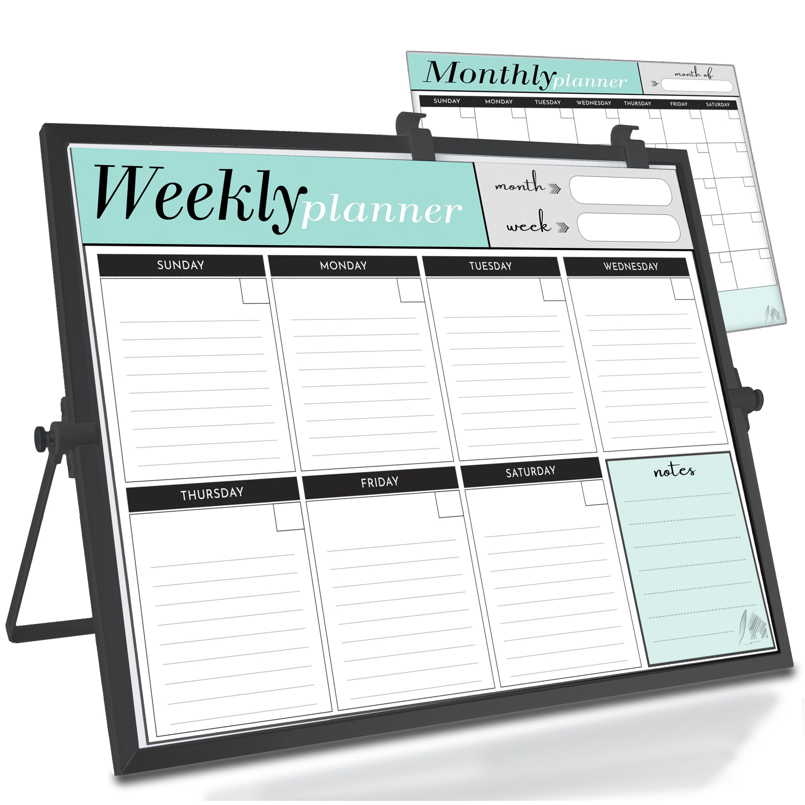Weekly Dry Erase Board Black Frame, Desktop Calendar White Board With Weekly & Monthly Planners 12X16 Inch, Magnetic To Do List