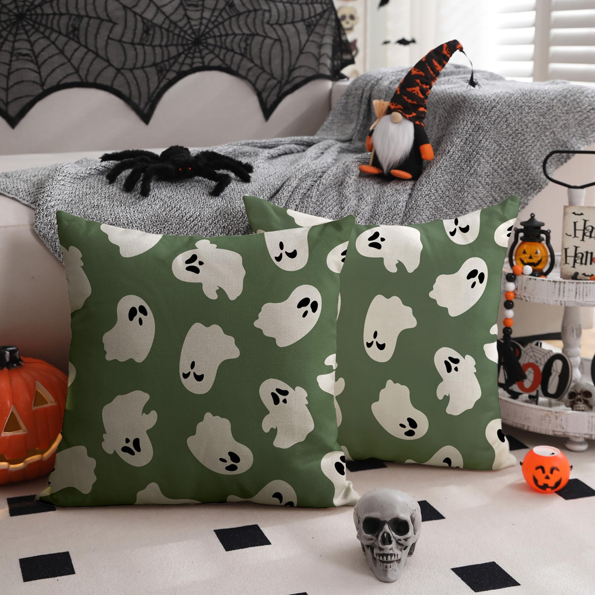 Dfxsz Halloween Pillow Covers 16X16 Inch Set Of 2 Happy Halloween White Ghost Decor Green Pillow Covers Happy Halloween Sofa Bed