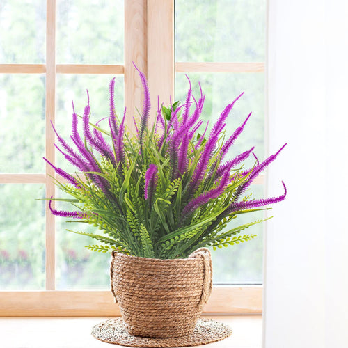 10 Bundles Artificial Plants Outdoor Fake Grass With Flowers Uv Resistant Greenery Garden Porch Window Box Decorating (Magenta)