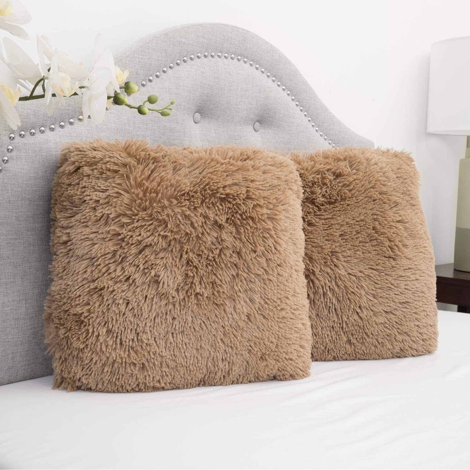 Sweet Home Collection Plush Pillow Faux Fur Soft And Comfy Throw Pillow (2 Pack), Taupe
