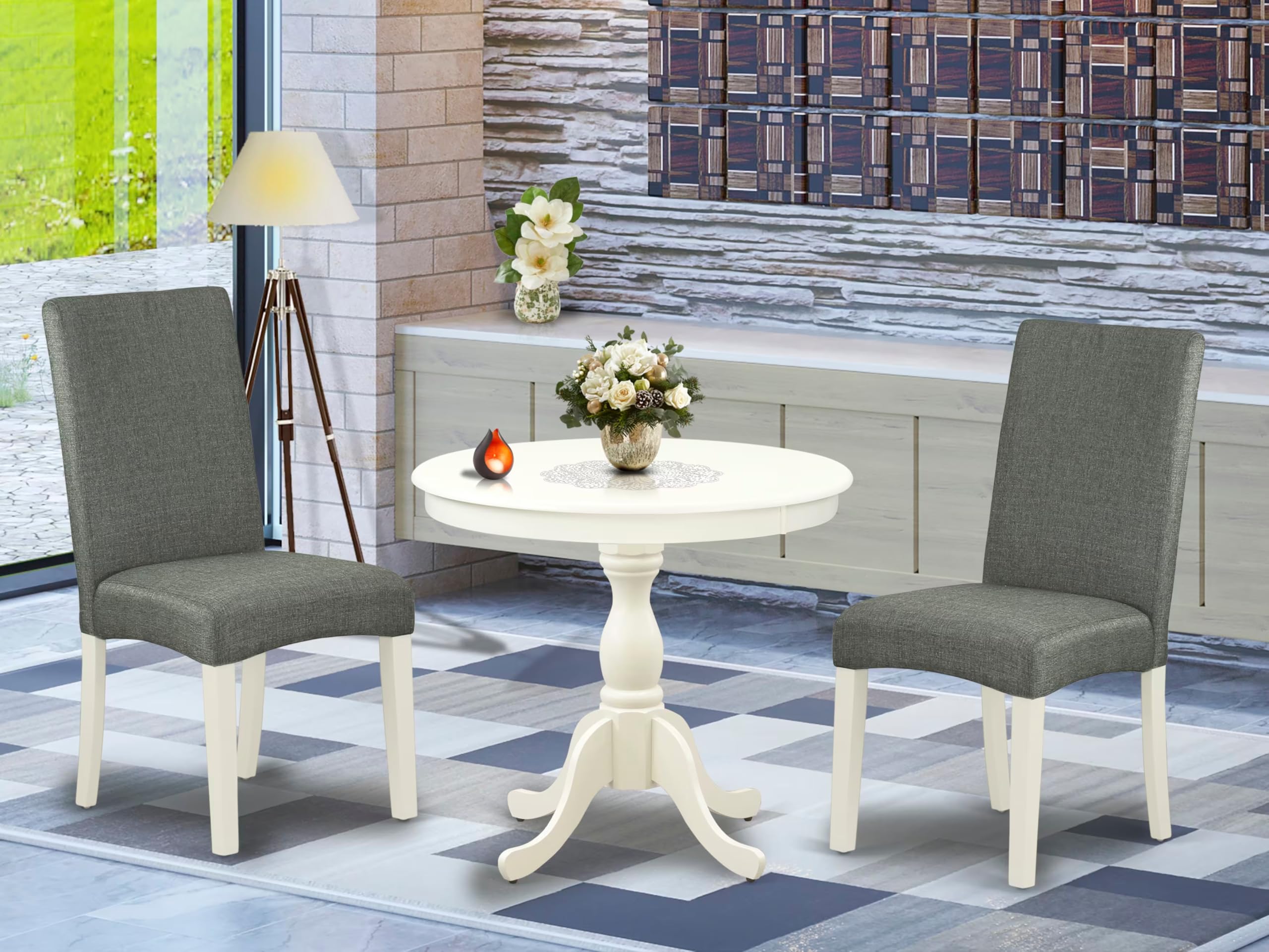 East West Furniture AMDR3-LWH-07 3 Piece Dining Table Set for Small Spaces Contains a Round Kitchen Table with Pedestal and 2 Gray Linen Fabric Upholstered Chairs, 36x36 Inch, Linen White