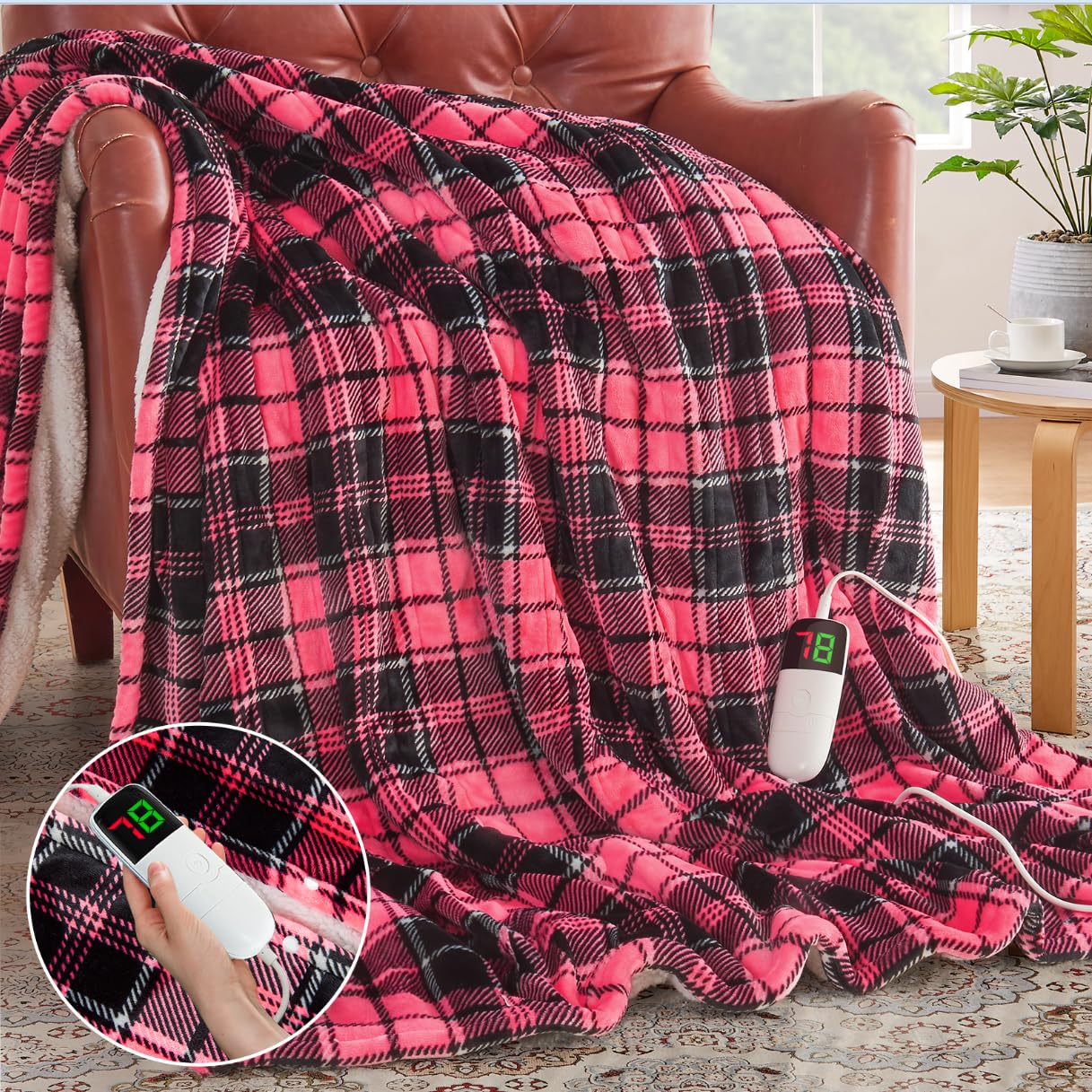 Heated Blanket Electric Throw, 50X60, Heating Throw With 10 Heating Levels & 8 Hours Auto Off, Pink Plaid Checkered Sherpa Blank