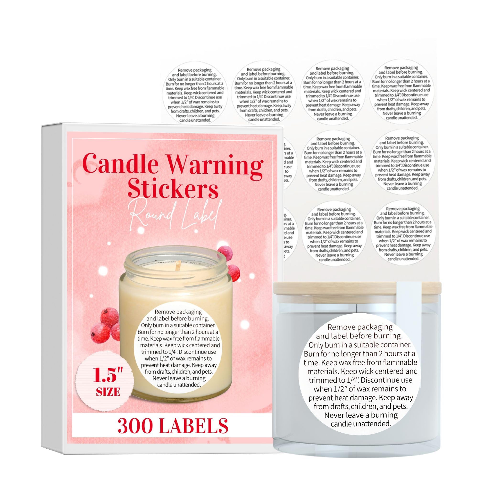 Candle Warning Stickers, 1.5' Round Label, 300 Labels, Black And White Text, Sticker Decal For Candle Jars, Tins And Votives