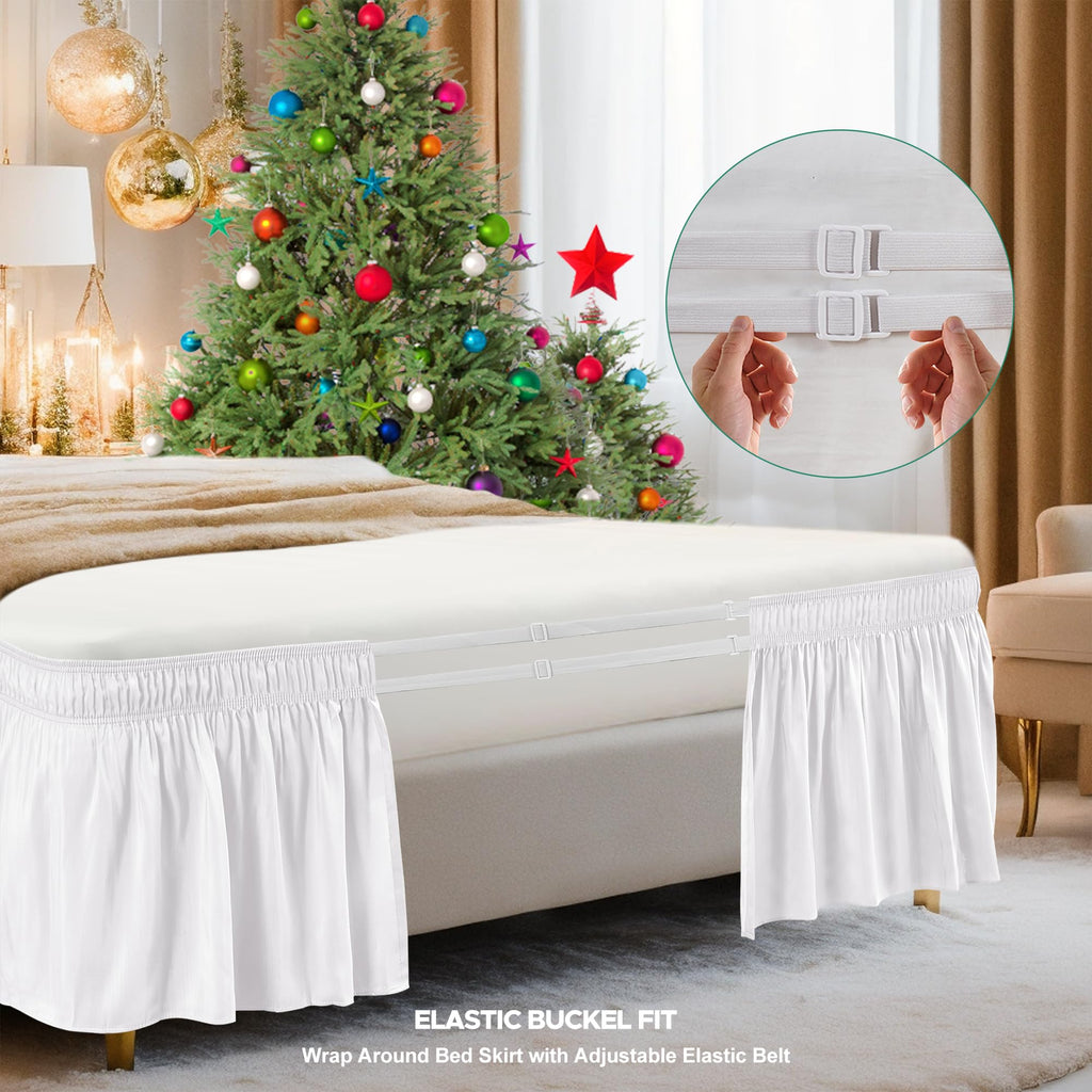 Biscaynebay Wrap Around Bed Skirts For Full & Full Xl Beds 11' Short Drop, White Adjustable Elastic Dust Ruffles Easy Fit Wrinkle Resistant Silky Luxurious Fabric Machine Washable