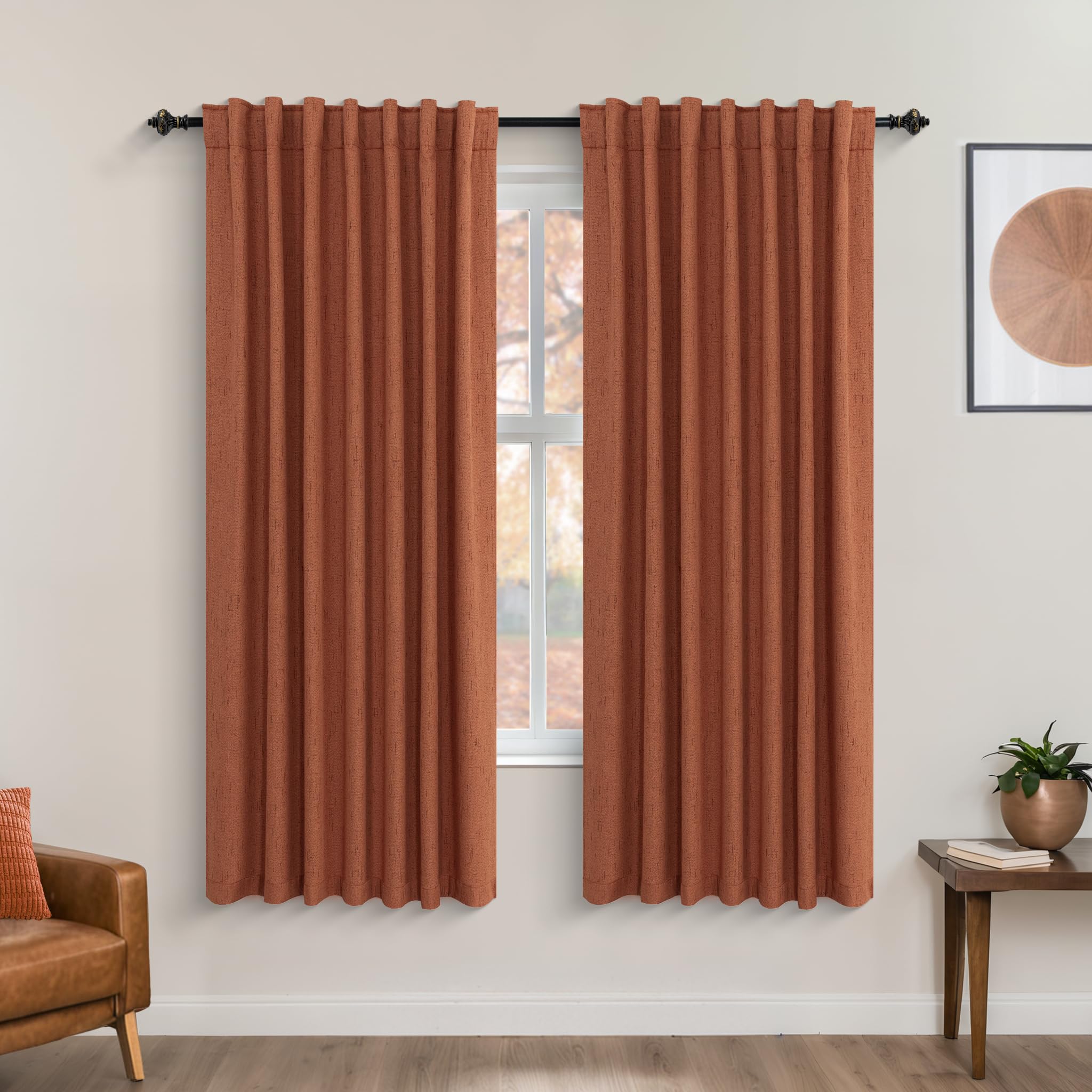 Koufall Blackout Curtains 63 Inch Length,Boho Rust Terracotta Linen Bohemian Curtains For Living Room Bedroom Mcm,Terra Cotta