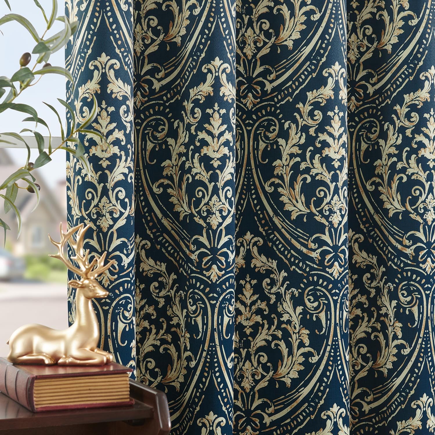 Jinchan 100% Blackout Curtains For Bedroom, Blue Damask Patterned Curtains 96 Inch Length For Living Room, Vintage Medallion Art Deco Drapes, Thermal Insulated Grommet Window Treatments, 2 Panels Blue