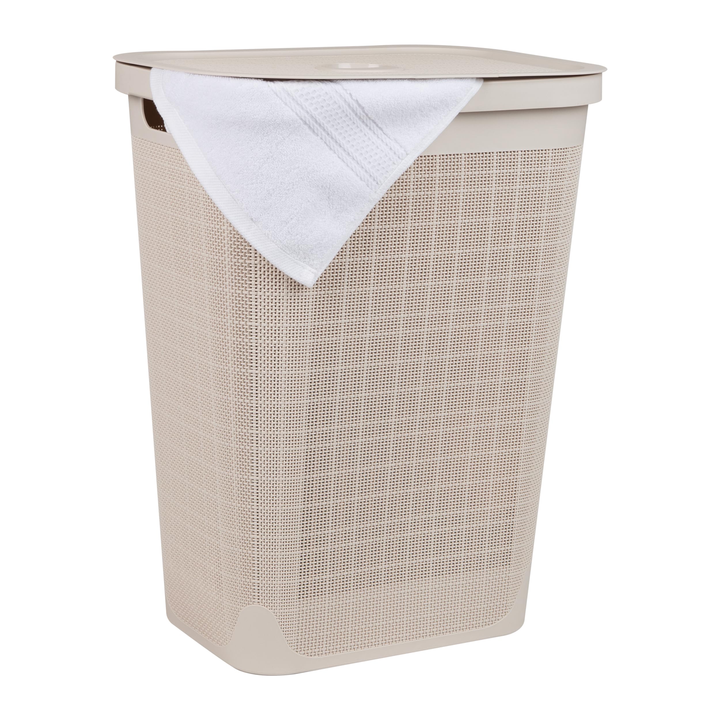Mind Reader 60L Slim Laundry Hamper, Clothes Basket, Lid, Linen Design, Plastic, 18.25   L x 14.25   W x 23.5   H, Ivory