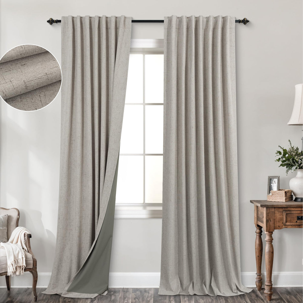 Koufall Neutral Taupe Curtains 84 Inches Long For Living Room,Linen Textured Back Tab Bedroom Curtains 84 Inch Length 2 Panels S