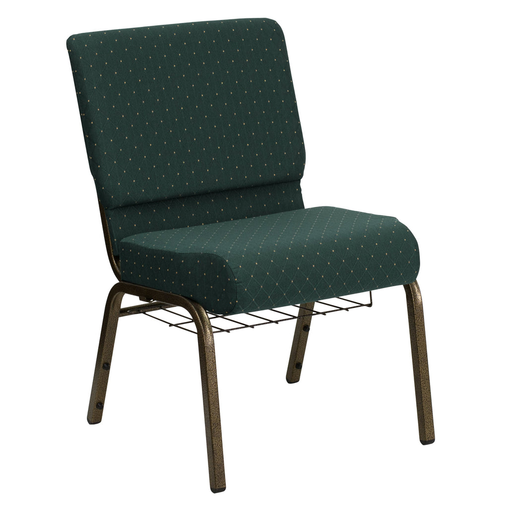 Flash Furniture Hercules Series 21''W Church Chair In Hunter Green Dot Patterned Fabric With Book Rack - Gold Vein Frame