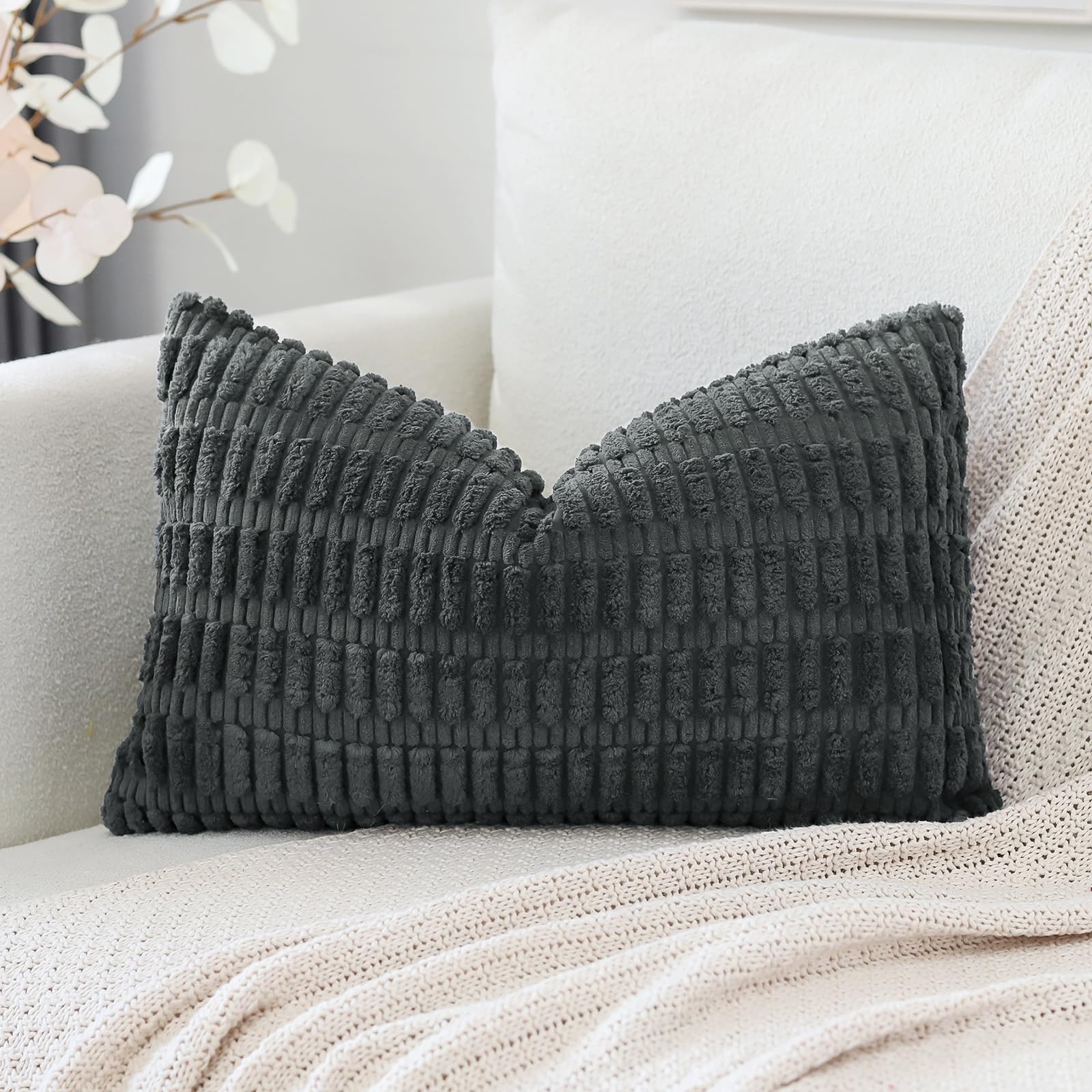 Otostar Corduroy Decorative Throw Pillow Covers 12X20 Inch Super Soft Boho Striped Rectangle Pillow Covers Case Modern Cushion Covers For Sofa Couch Bedroom Car Decor Dark Grey