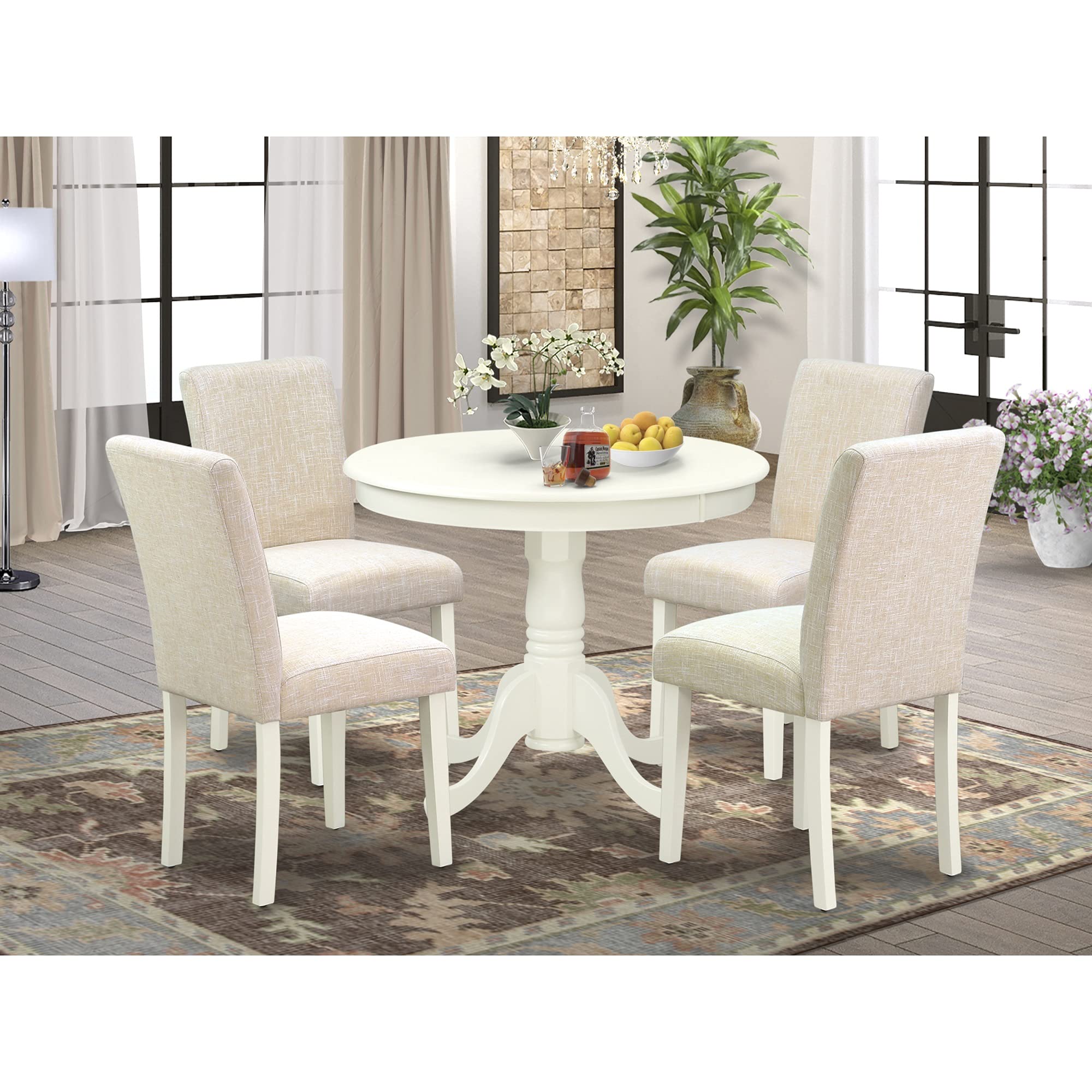 East West Furniture Anab5-Lwh-02 5 Piece Dining Table Set For 4 Includes A Round Kitchen Table With Pedestal And 4 Light Beige Linen Fabric Upholstered Chairs, 36X36 Inch, Linen White
