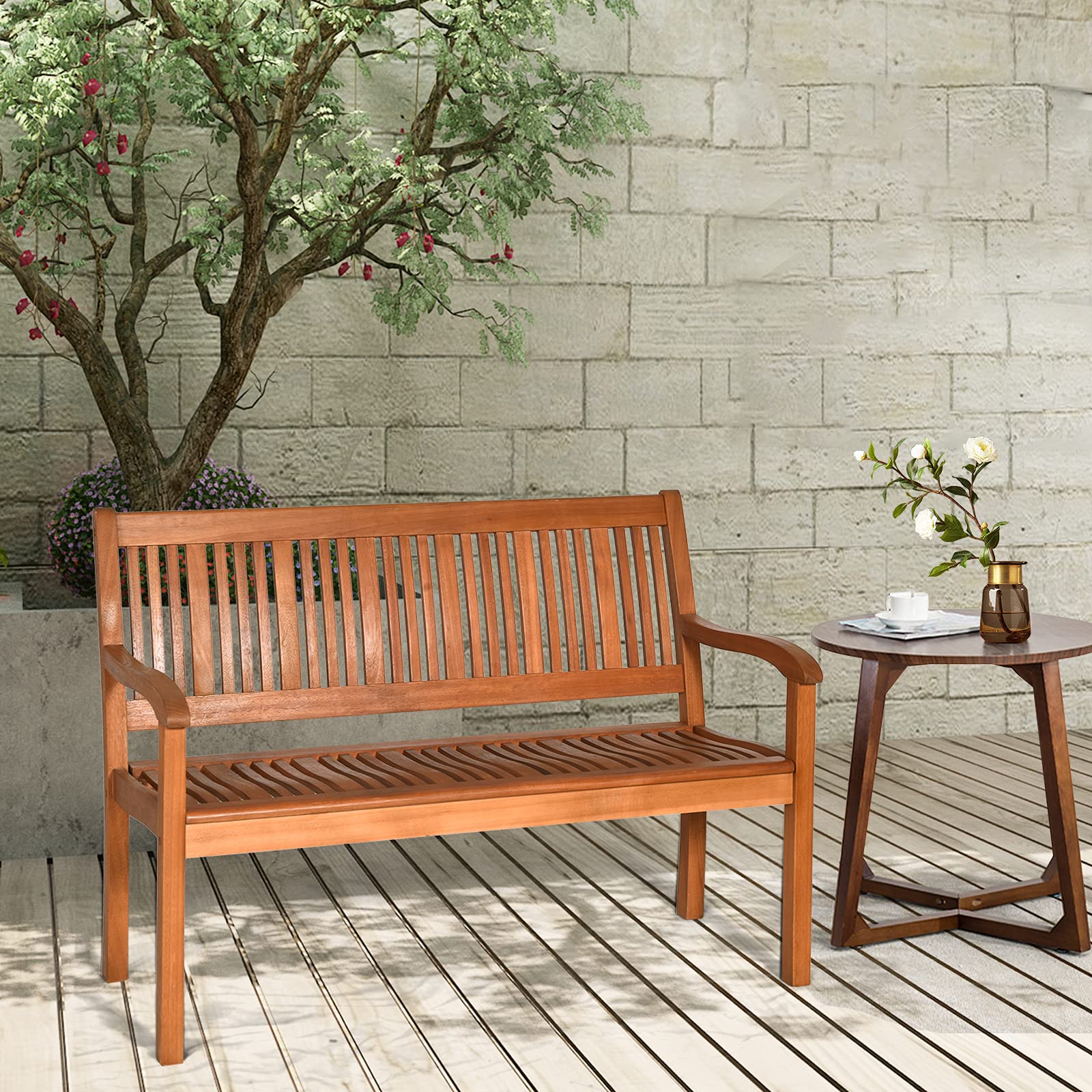 Dortala 50'' Patio Wooden Bench, Eucalyptus Wood Loveseat With Ergonomic Backrest, Curved Armrests, Sloping Seat, Garden Slatted Bench, Ideal For Patio, Porch, Yard, Lawn, 705 Lbs Weight Capacity