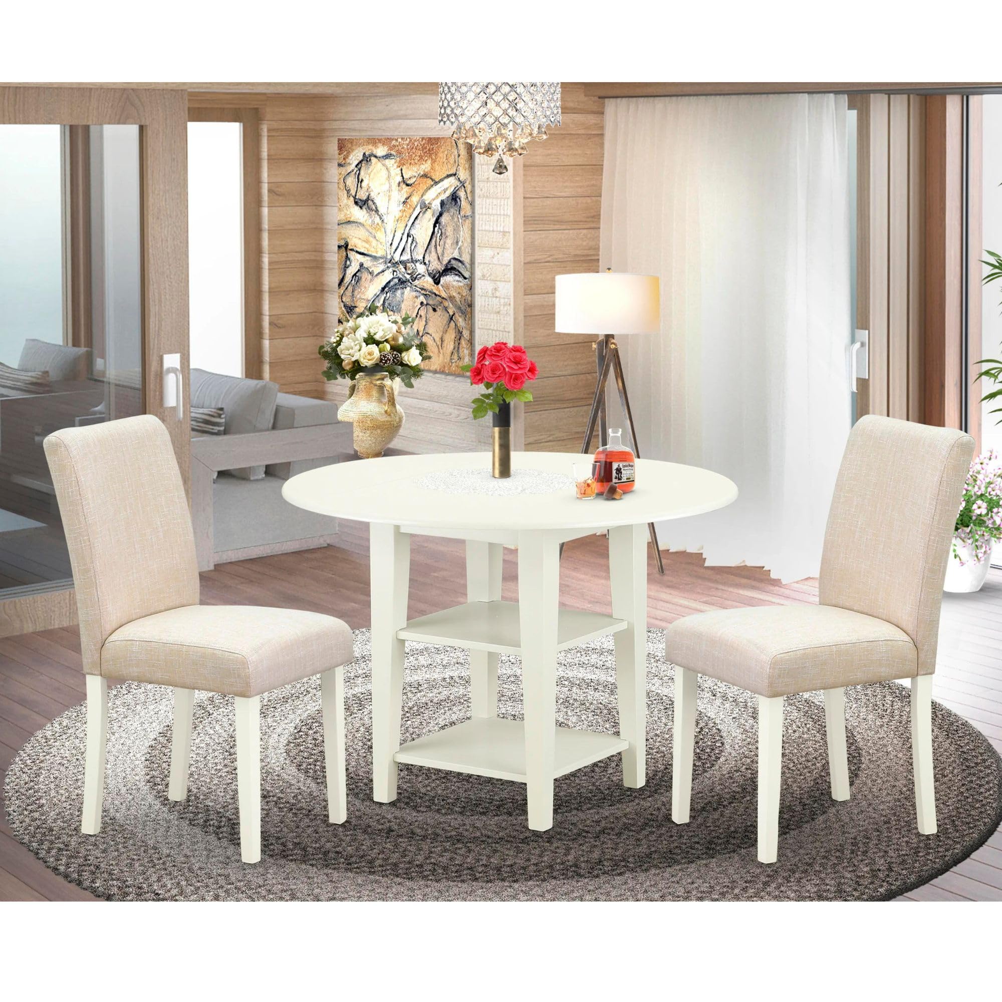 East West Furniture Suab3-Lwh-02 3 Piece Dining Table Set Contains A Round Dinner Table With Dropleaf & Shelves And 2 Light Beige Linen Fabric Upholstered Chairs, 42X42 Inch, Linen White
