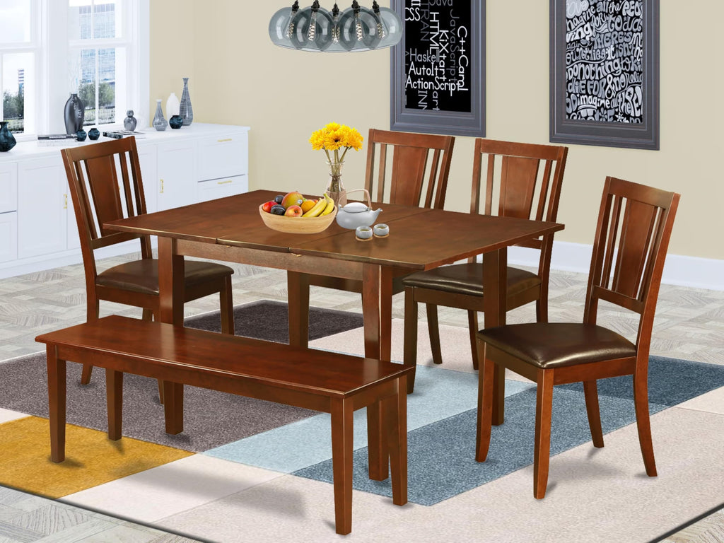 East West Furniture PSDU6D-MAH-LC 6 Piece Dining Table Set Contains a Rectangle Dining Room Table with Butterfly Leaf and 4 Faux Leather Upholstered Chairs with a Bench, 32x60 Inch, Mahogany