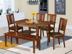 East West Furniture PSDU6D-MAH-LC 6 Piece Dining Table Set Contains a Rectangle Dining Room Table with Butterfly Leaf and 4 Faux Leather Upholstered Chairs with a Bench, 32x60 Inch, Mahogany