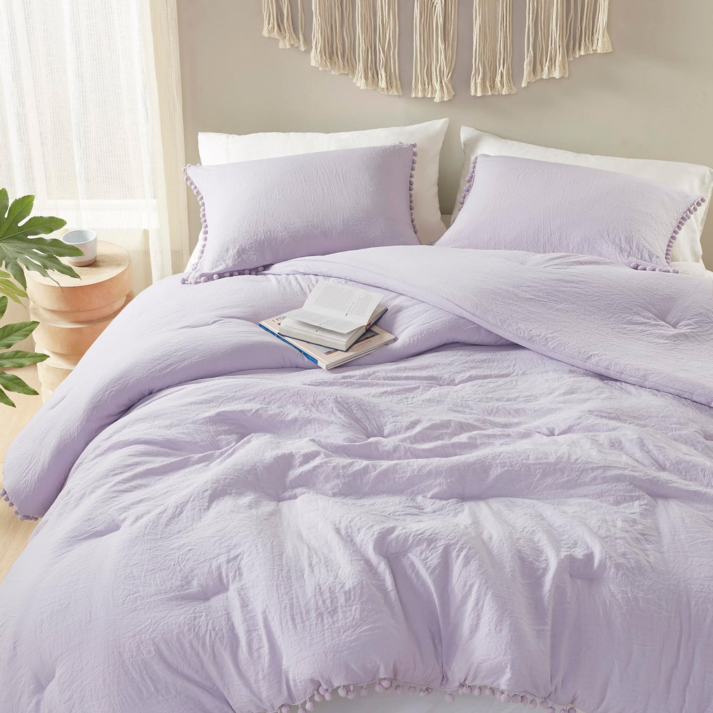 Codi Lavender Purple Boho Full/Queen Comforter Set, Aesthetic Pom Fringe Bedding For Teen Girls, Cute Soft Washed Microfiber Bed