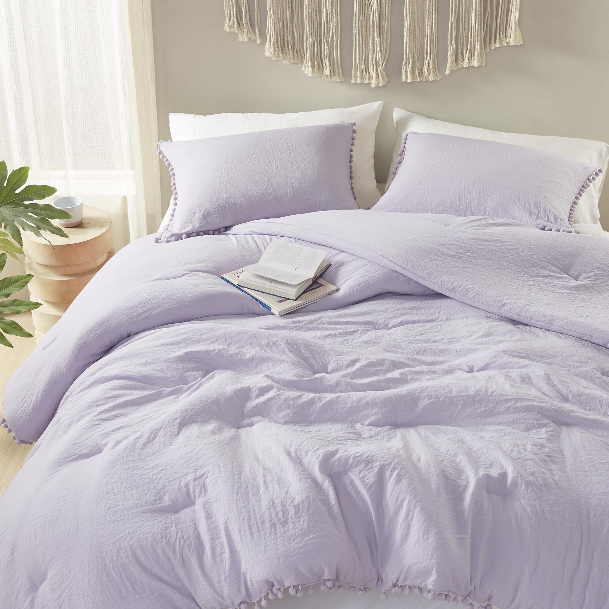 Codi Lavender Purple Boho Twin Comforter Set For Girls, Aesthetic Pom Fringe Design Cute Bedding, Soft Washed Microfiber Bed Set