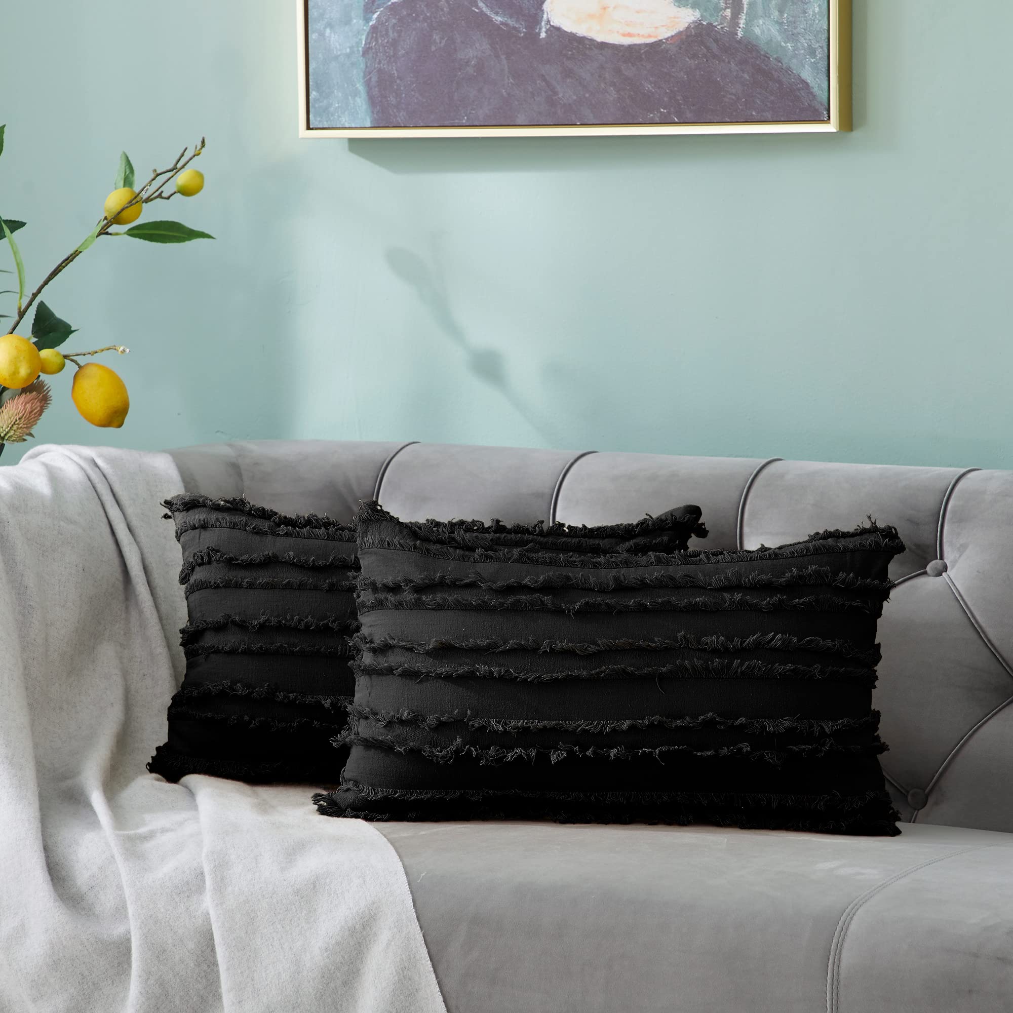 Longhui Bedding Black Throw Pillow Covers For Couch Sofa Bed, Cotton Linen Decorative Pillows Cushion Covers, 12 X 20 Inches, Se