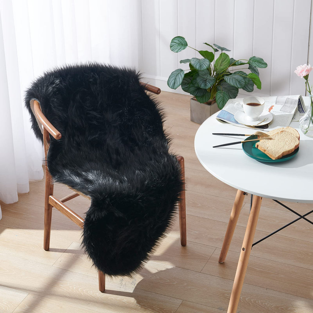 Small Faux Fur Rug, 2x4 ft Ultra Soft Sheepskin Rug Chair Sofa Cover Seat Pad, Black Fluffy Shag Rug for Bedroom Nursery Kids Ro