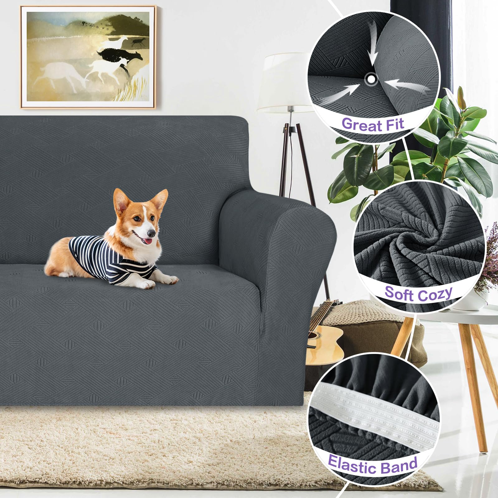 Znsayotx Super Stretch Loveseat Covers (55'-69'), New Striped Love Seat Slipcover, Dogs Pet Friendly Anti-Slip Couch Protector Spandex Durable 2 Seater Fabric Sofa Cover (Dark Grey, Loveseat)