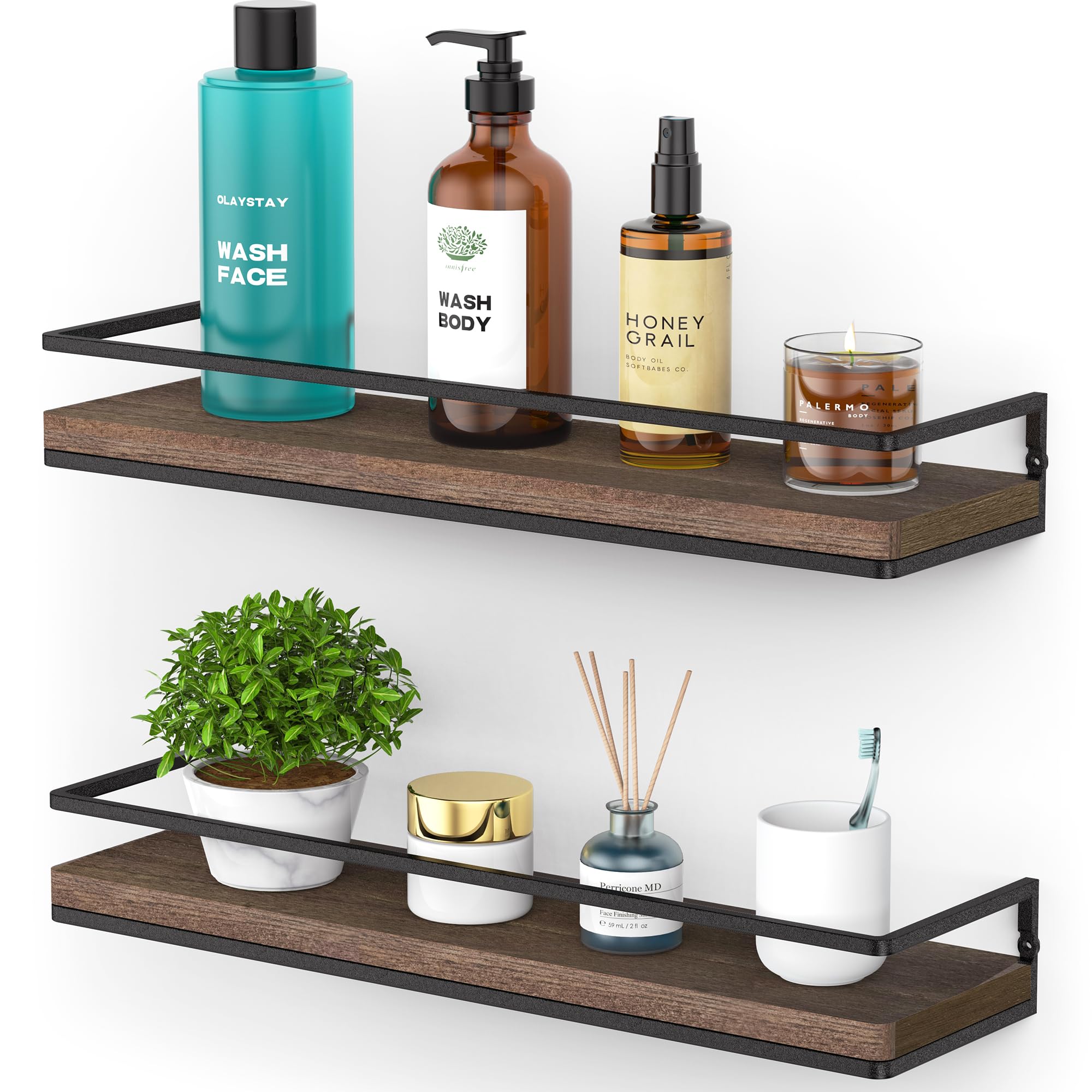 Meangood Floating Shelves Wall Mounted Set of 2, Rustic Wood Wall Storage Shelves for Bedroom,Living Room,Bathroom, Kitchen Brow
