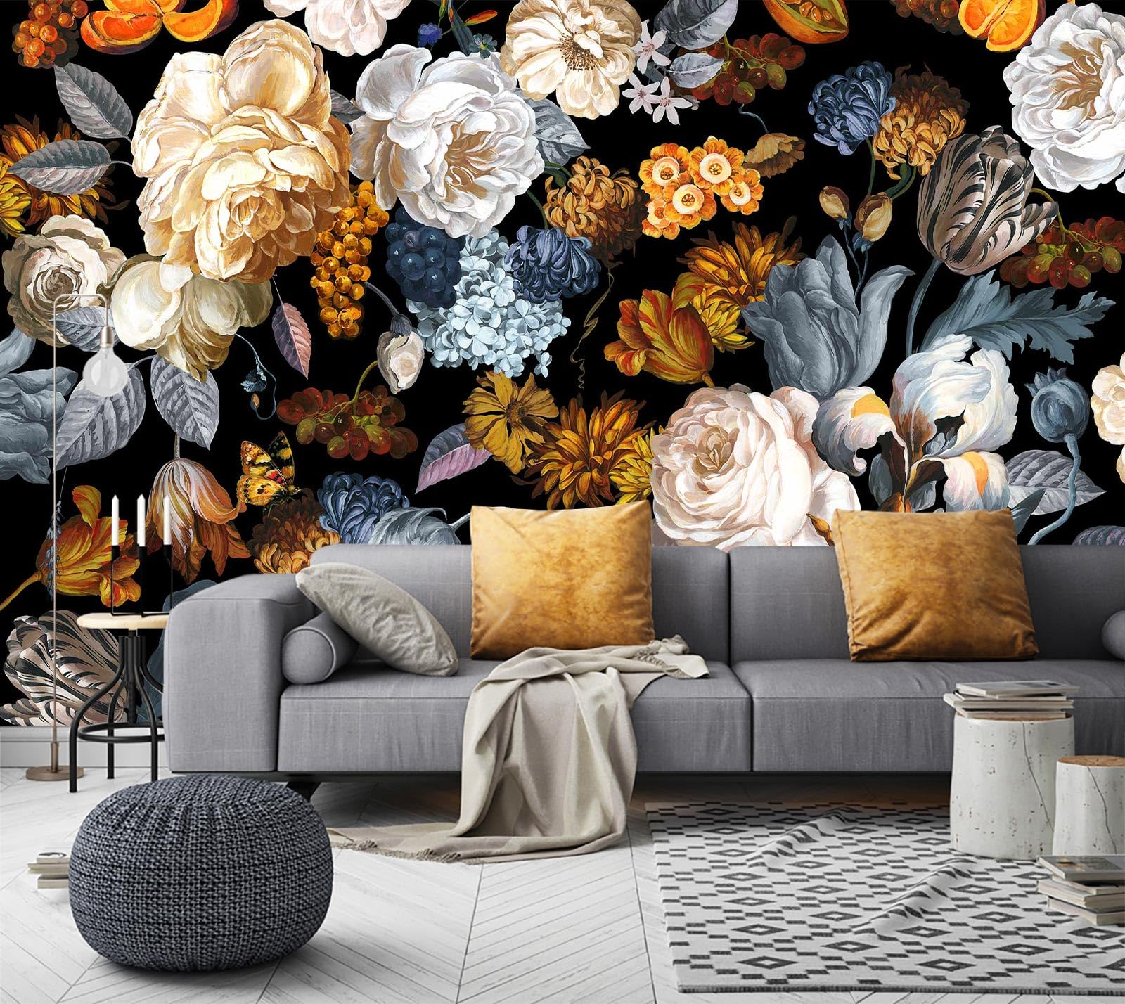 WFBHUA-Black and Gold Floral Wallpaper for Bedroom Vintage Blue Peony Flower Wall Mural (Not Peel and Stick)
