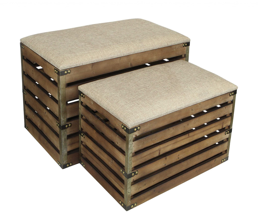 HomeRoots Gray Set of 2 Rectangular Brown Linen Fabric and Wood Slats Storage Benches