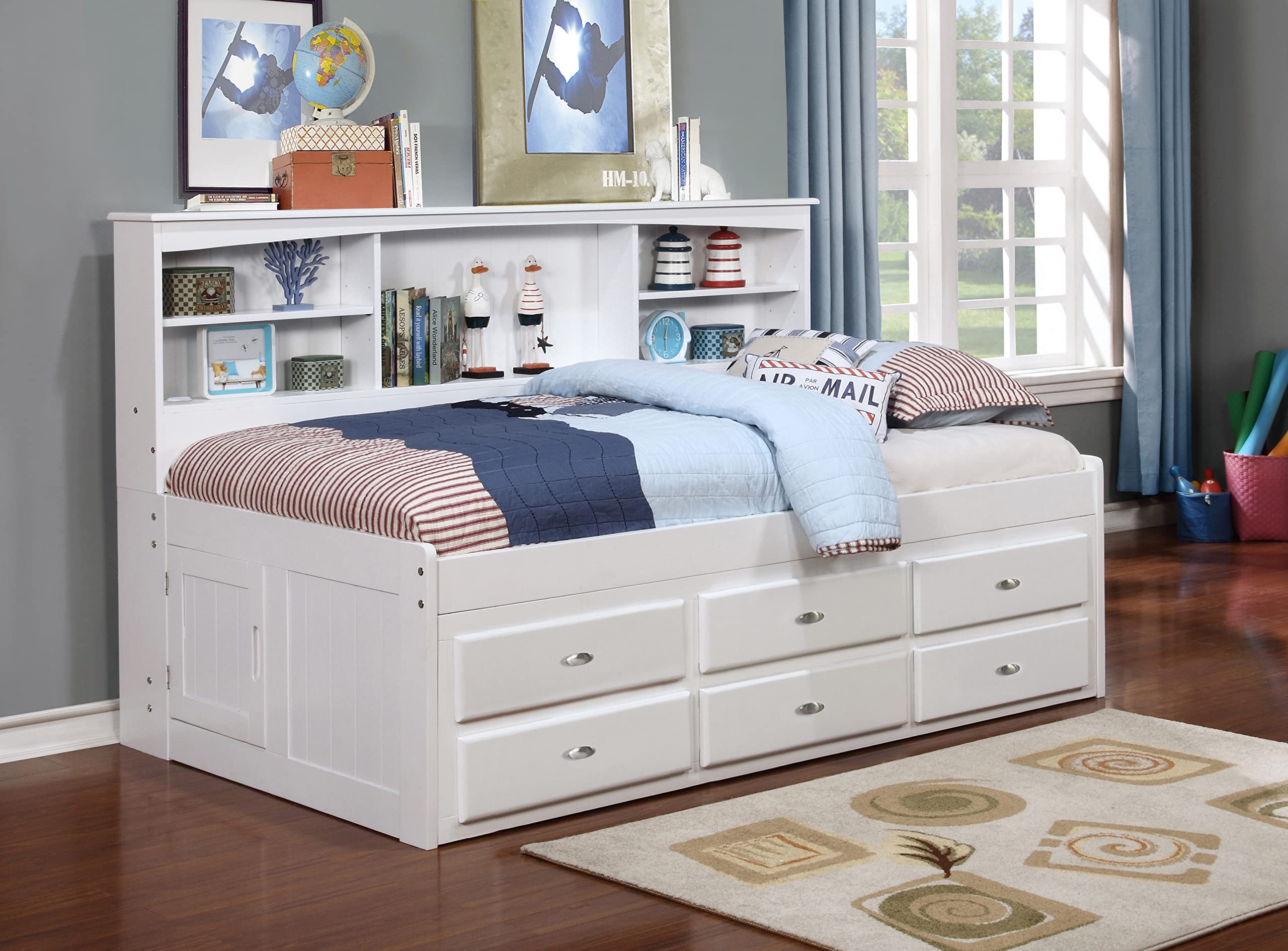 OS Home and Office Furniture Model 80222K6-22, Solid Pine Twin Bookcase Daybed with Six Drawers in Casual White