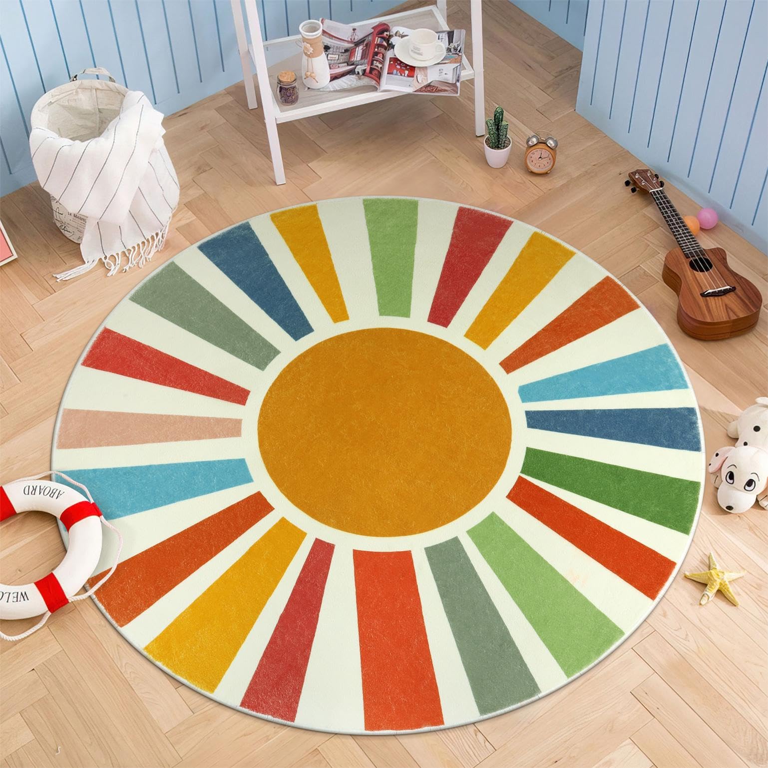 STARUIA Small Round Rug 4 Ft Washable Round Rug for Kids Room, Colorful Sun Circle Rug for Playroom, Non-Slip Circular Office Ca