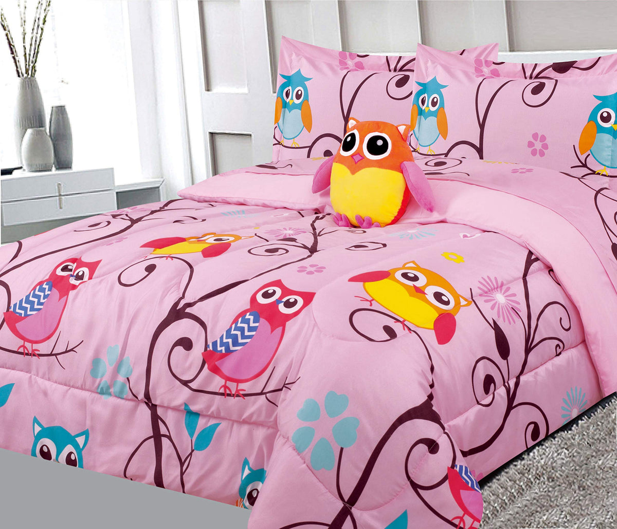 Linentopia 6 Piece Owl Bedding Set For Girls, Kids Bed In A Bag, Comforter Set With Bed Sheets, Pillow Case, Toy Pillow, Toddler