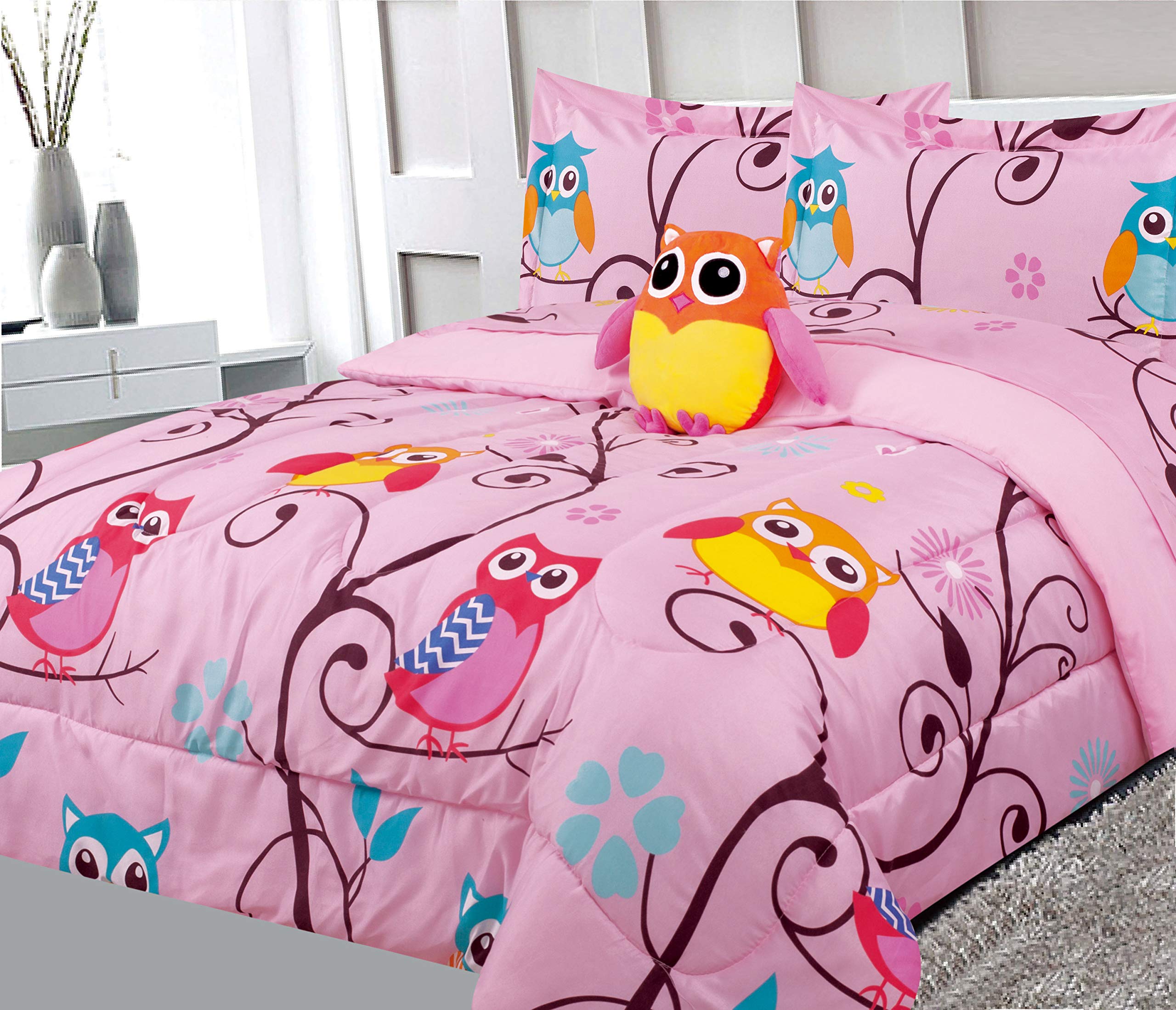 Sapphire Home 6 Piece Owl Bedding Set For Girls, Kids Bed In A Bag, Comforter Set With Bed Sheets, Pillow Case, Toy Pillow, Todd