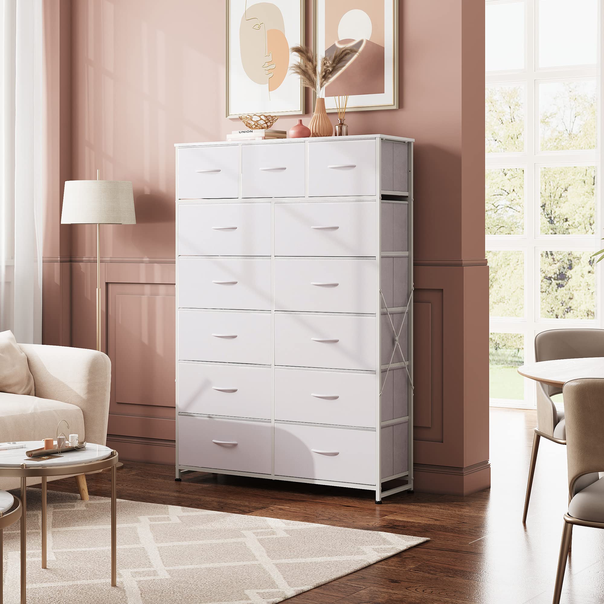 Wlive Tall Dresser For Bedroom With 13 Drawers, Storage Dresser Organizer Unit, Fabric Dresser For Bedroom, Closet, Chest Of Drawers With Fabric Bins, Steel Frame, Wood Top, White