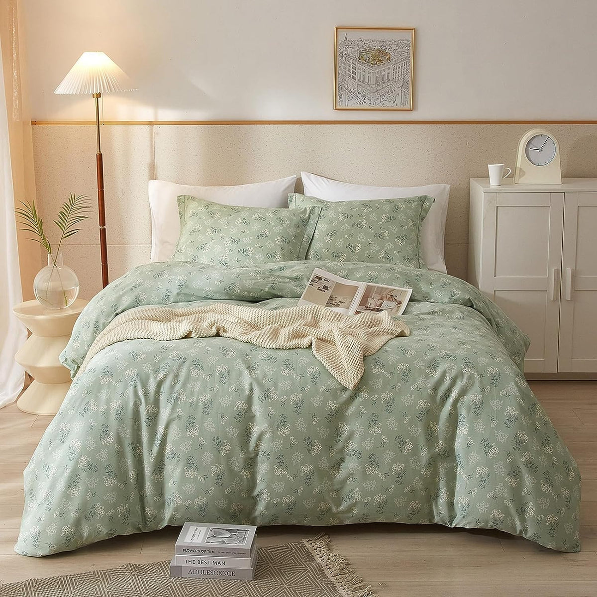 Boho Floral Duvet Cover Queen Soft Cotton Green Floral Bedding Sets Garden Style Flower Botanical Duvet Cover Aesthetic Floral C